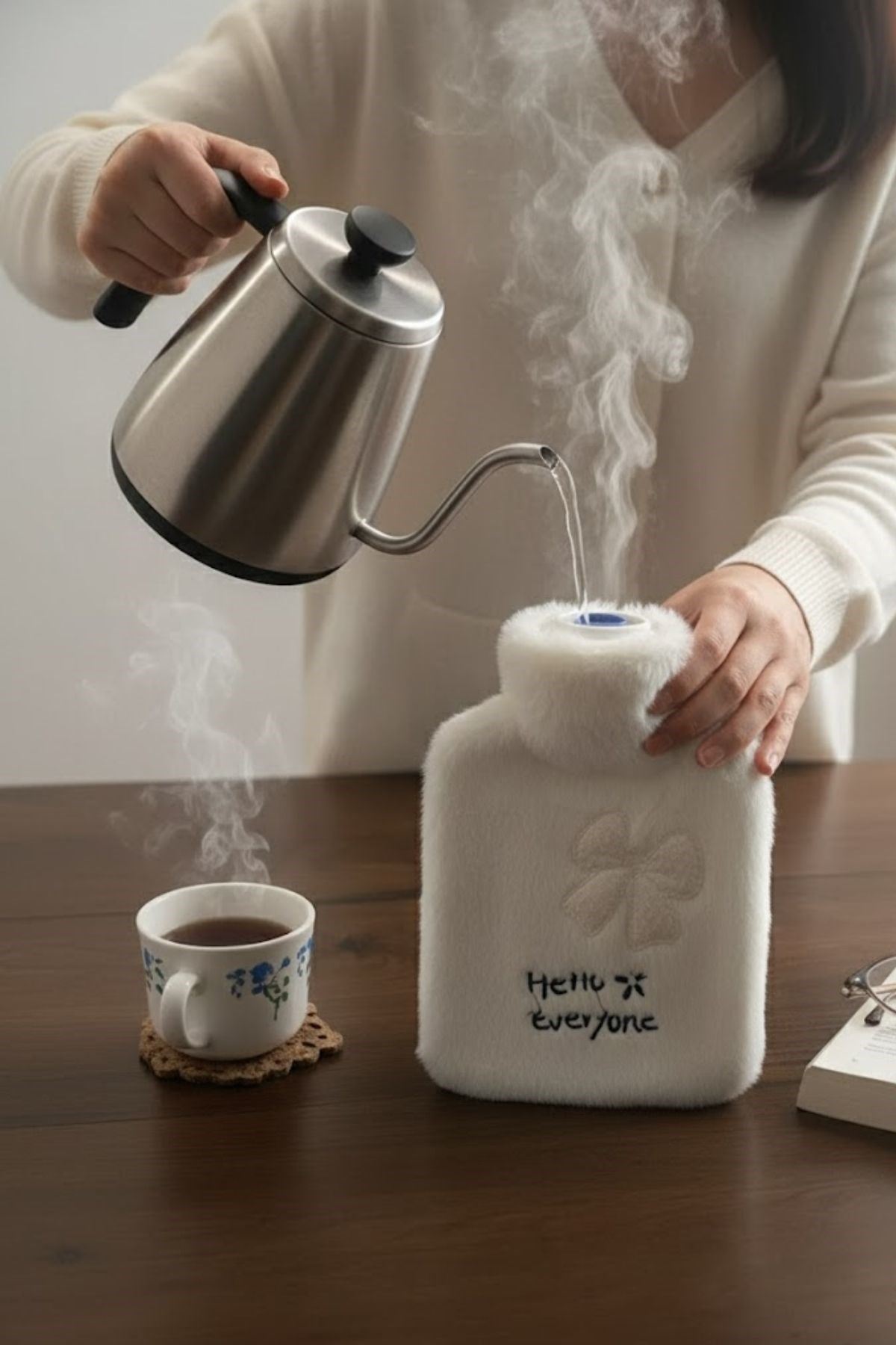 Hello Everyone Yazılı Kurdeleli Beyaz Peluş Sıcak Su Torbası 1 Lt – Yumuşak Kılıf, Uzun Süre Sıcak Tutan Termal Su Torbası