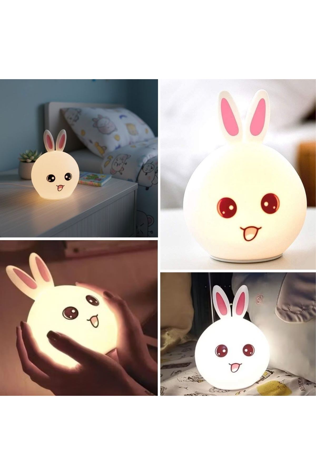 5 Farklı Renk Modlu Tavşan Figürlü Pofuduk LED Gece Lambası–Yumuşak Dokulu Çocuk Odası ve Dekoratif Şarjlı Ortam Işığı