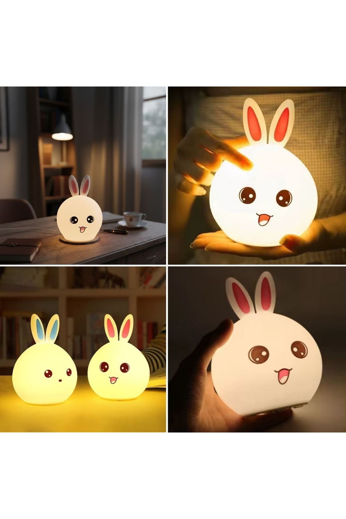 5 Farklı Renk Modlu Tavşan Figürlü Pofuduk LED Gece Lambası–Yumuşak Dokulu Çocuk Odası ve Dekoratif Şarjlı Ortam Işığı