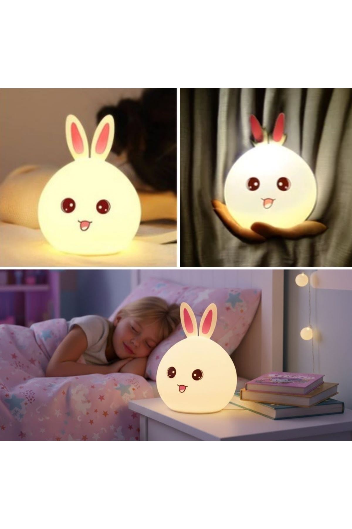 5 Farklı Renk Modlu Tavşan Figürlü Pofuduk LED Gece Lambası–Yumuşak Dokulu Çocuk Odası ve Dekoratif Şarjlı Ortam Işığı