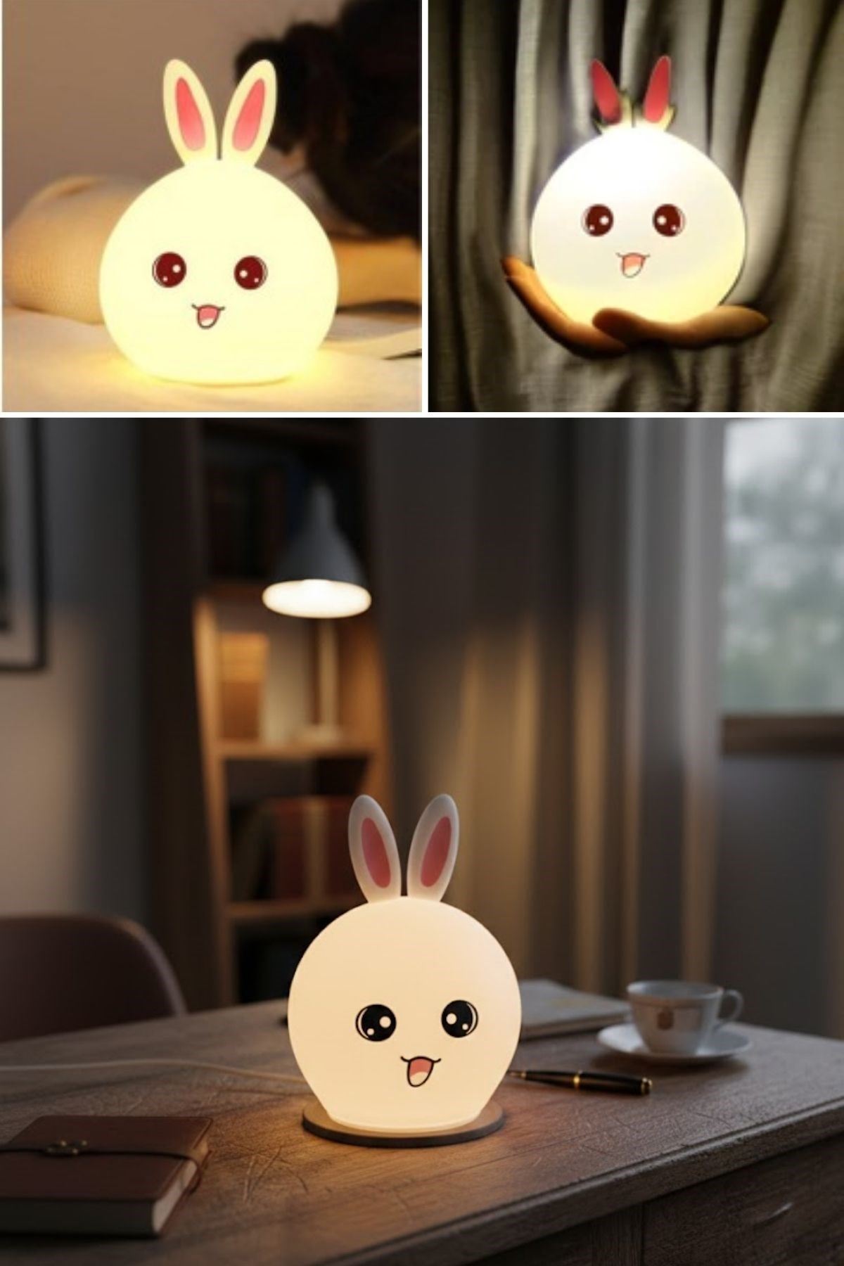 5 Farklı Renk Modlu Tavşan Figürlü Pofuduk LED Gece Lambası–Yumuşak Dokulu Çocuk Odası ve Dekoratif Şarjlı Ortam Işığı