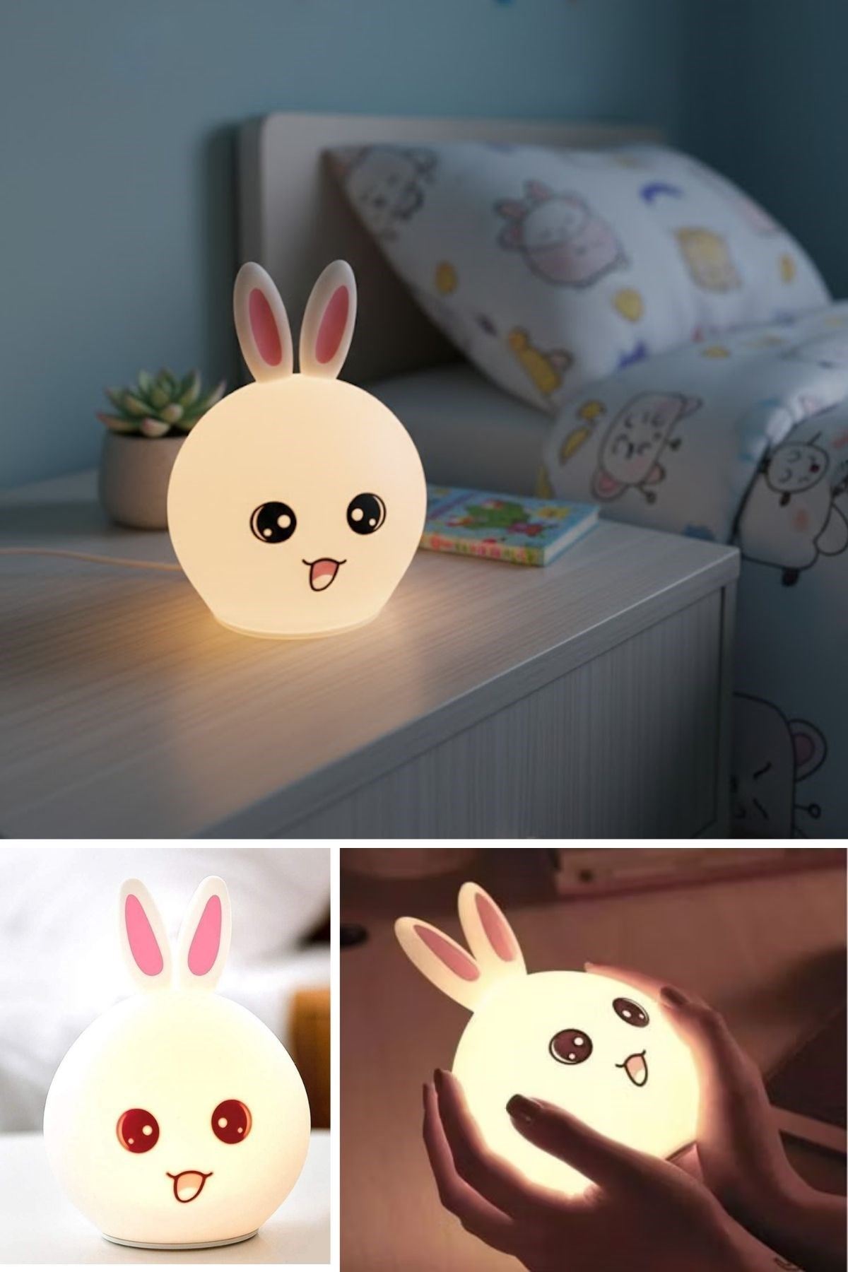5 Farklı Renk Modlu Tavşan Figürlü Pofuduk LED Gece Lambası–Yumuşak Dokulu Çocuk Odası ve Dekoratif Şarjlı Ortam Işığı
