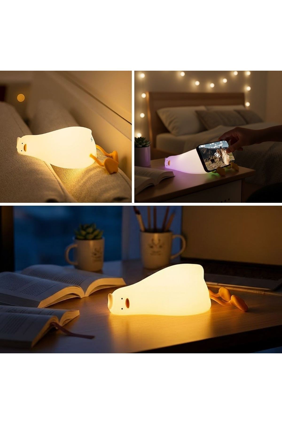 5 Farklı Renk Modlu Tembel Ördek Figürlü Pofuduk LED Gece Lambası–Yumuşak Dokulu Çocuk Odası ve Dekoratif Şarjlı Ortam Işığı