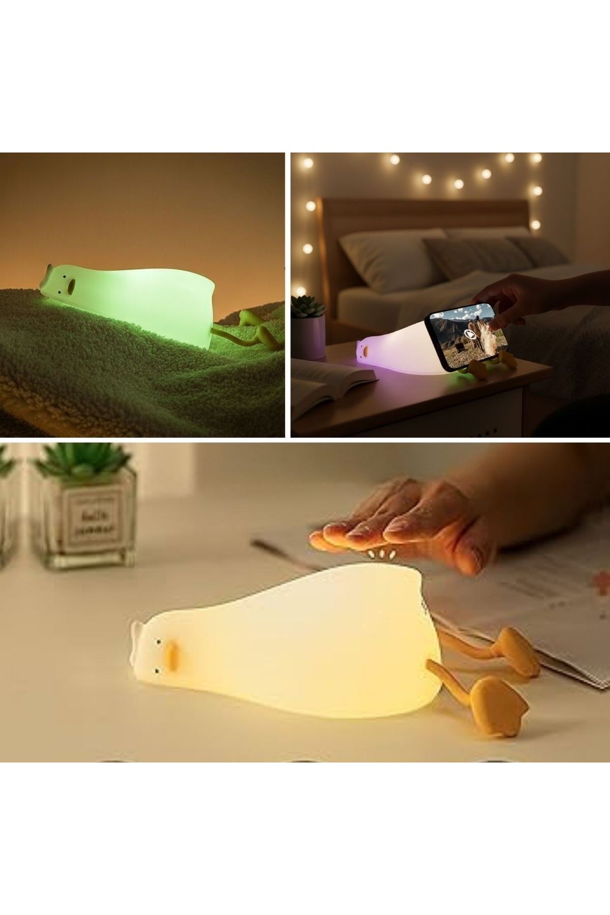 5 Farklı Renk Modlu Tembel Ördek Figürlü Pofuduk LED Gece Lambası–Yumuşak Dokulu Çocuk Odası ve Dekoratif Şarjlı Ortam Işığı