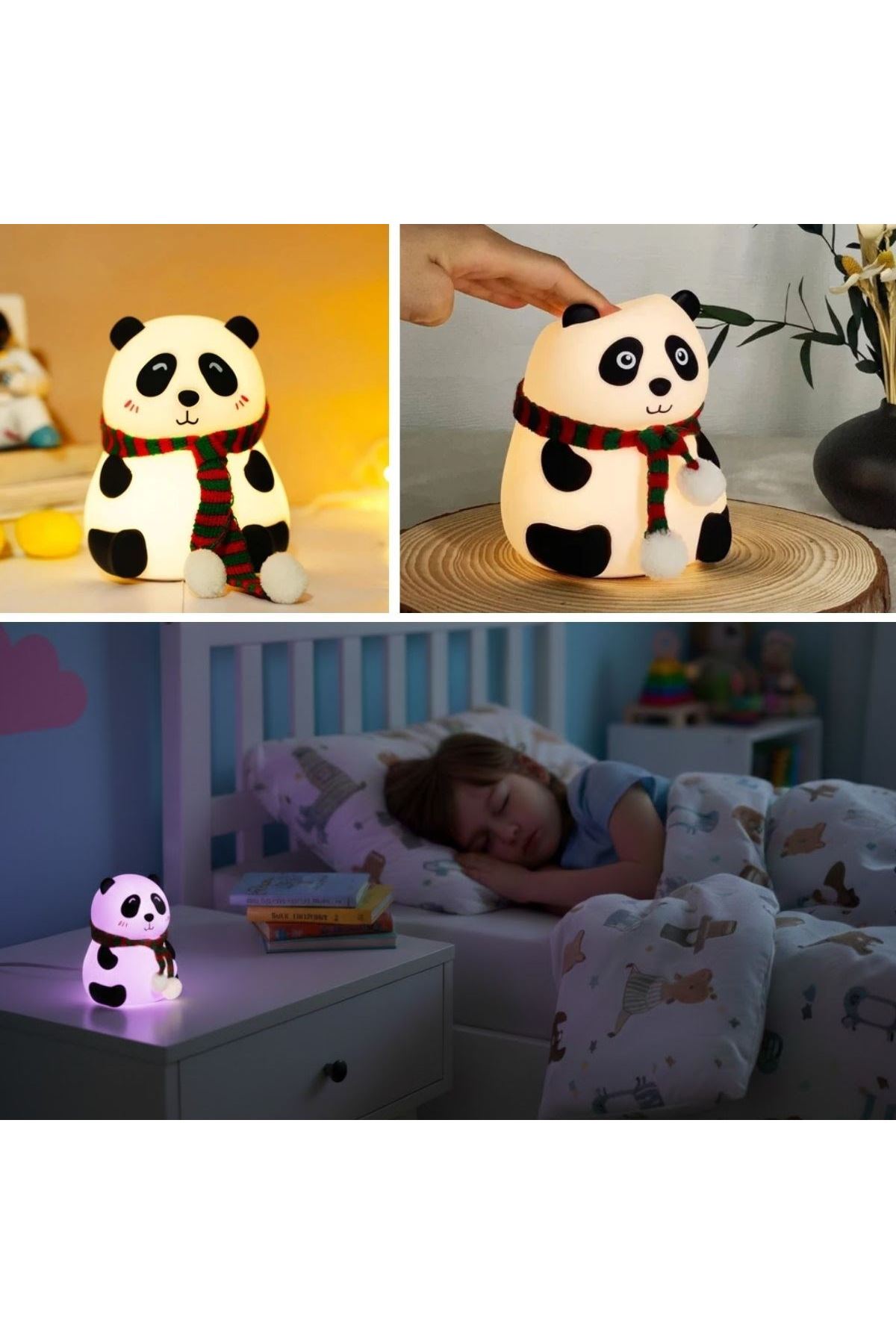 5 Farklı Renk Modlu Panda Figürlü Pofuduk LED Gece Lambası–Yumuşak Dokulu Çocuk Odası ve Dekoratif Şarjlı Ortam Işığı