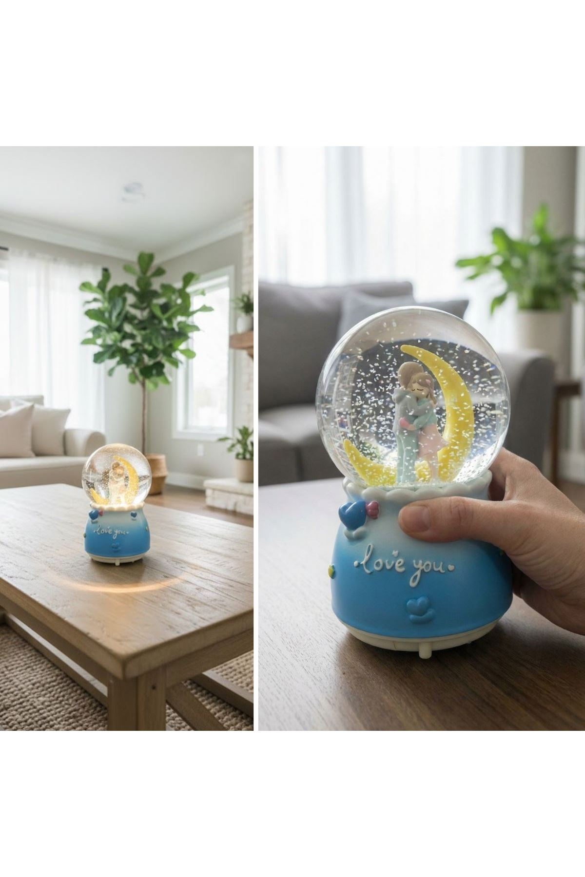 Pilli Işıklı Müzikli Kar Küresi–Hilal Ay Figürlü Romantik Masaüstü Biblo, LED Aydınlatmalı Dekoratif Hediyelik Kar Küresi
