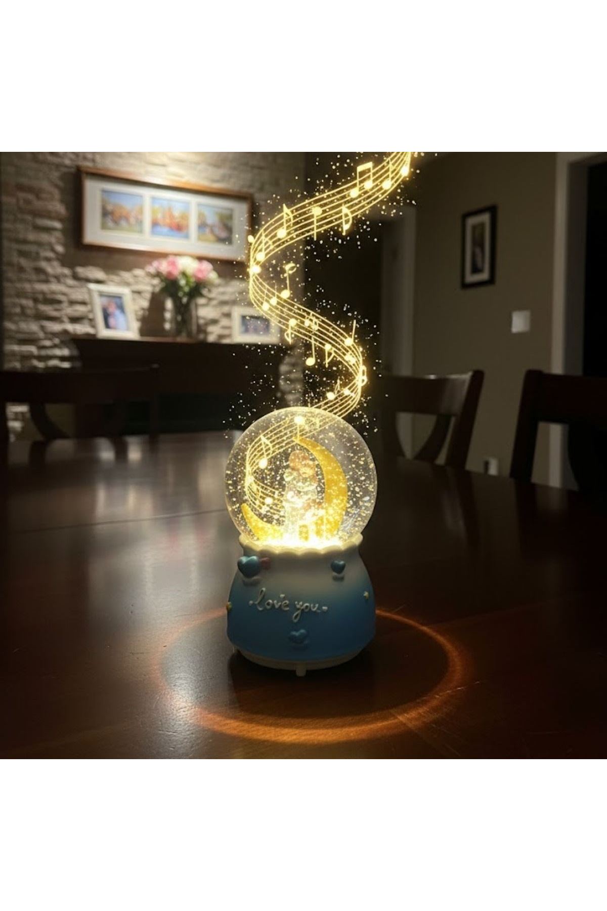 Pilli Işıklı Müzikli Kar Küresi–Hilal Ay Figürlü Romantik Masaüstü Biblo, LED Aydınlatmalı Dekoratif Hediyelik Kar Küresi