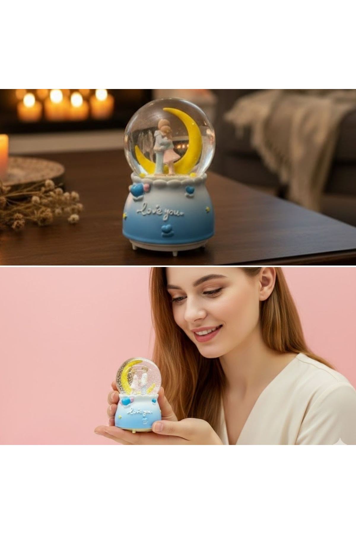 Pilli Işıklı Müzikli Kar Küresi–Hilal Ay Figürlü Romantik Masaüstü Biblo, LED Aydınlatmalı Dekoratif Hediyelik Kar Küresi