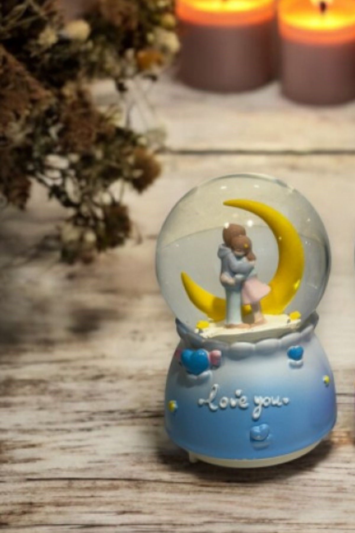 Pilli Işıklı Müzikli Kar Küresi–Hilal Ay Figürlü Romantik Masaüstü Biblo, LED Aydınlatmalı Dekoratif Hediyelik Kar Küresi