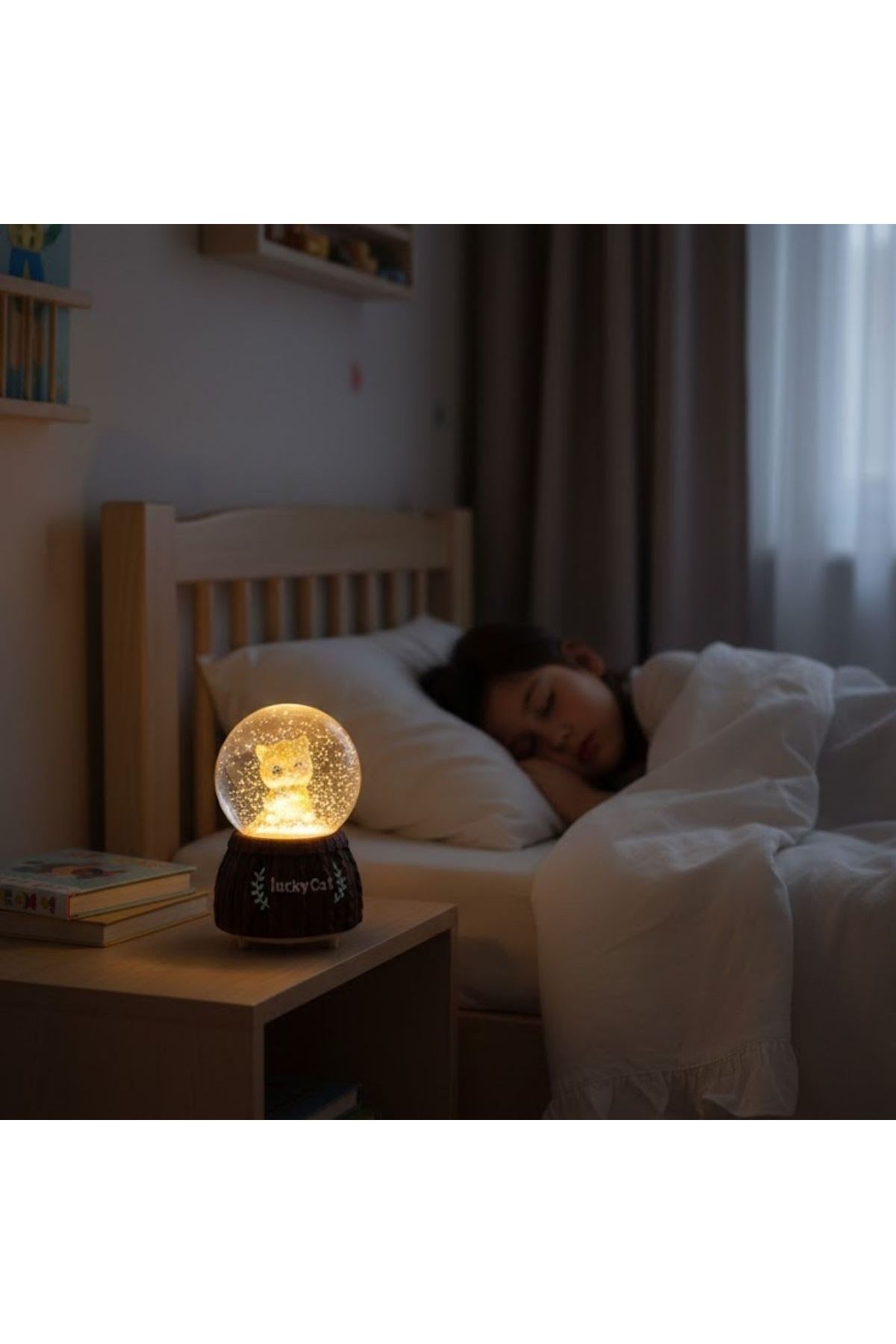 Pilli Işıklı Müzikli Kar Küresi–Şanslı Kedi Figürlü Eğlenceli Masaüstü Biblo, LED Aydınlatmalı Dekoratif Hediyelik Kar Küresi