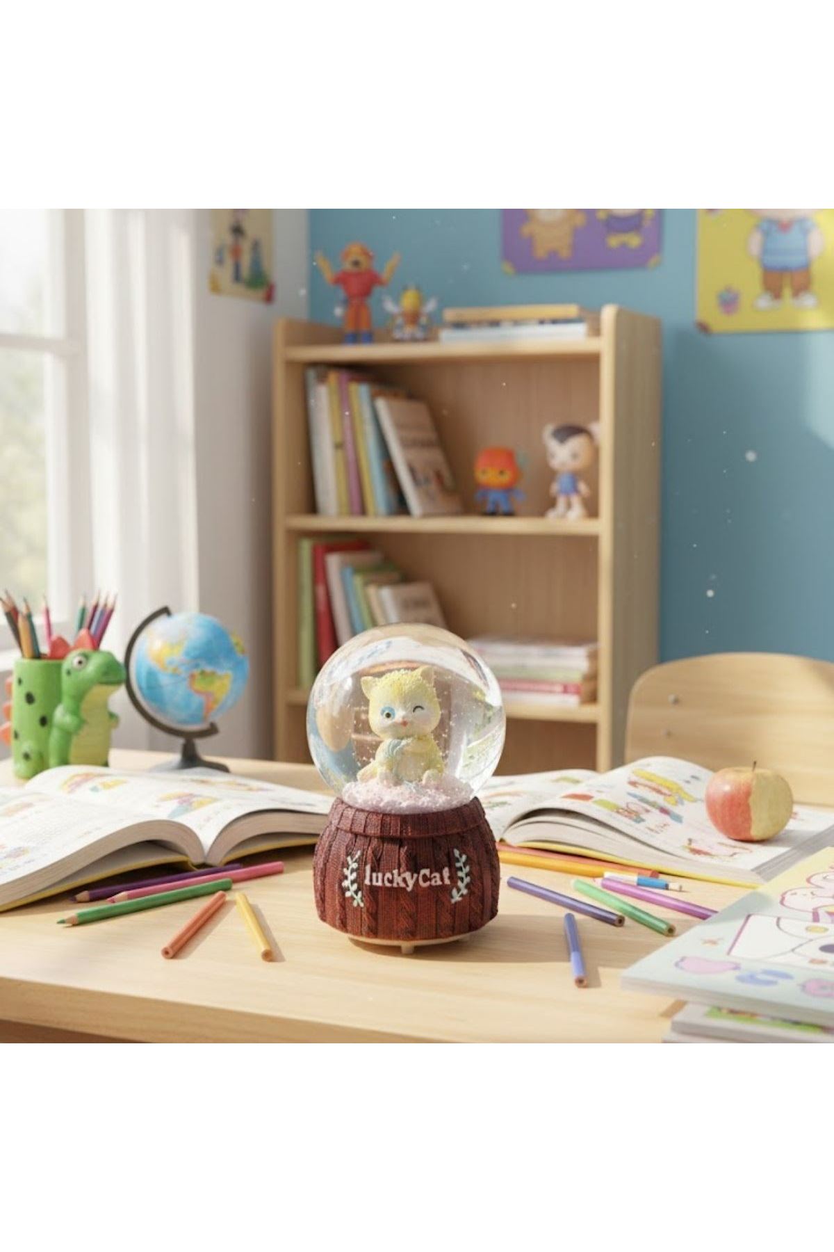 Pilli Işıklı Müzikli Kar Küresi–Şanslı Kedi Figürlü Eğlenceli Masaüstü Biblo, LED Aydınlatmalı Dekoratif Hediyelik Kar Küresi