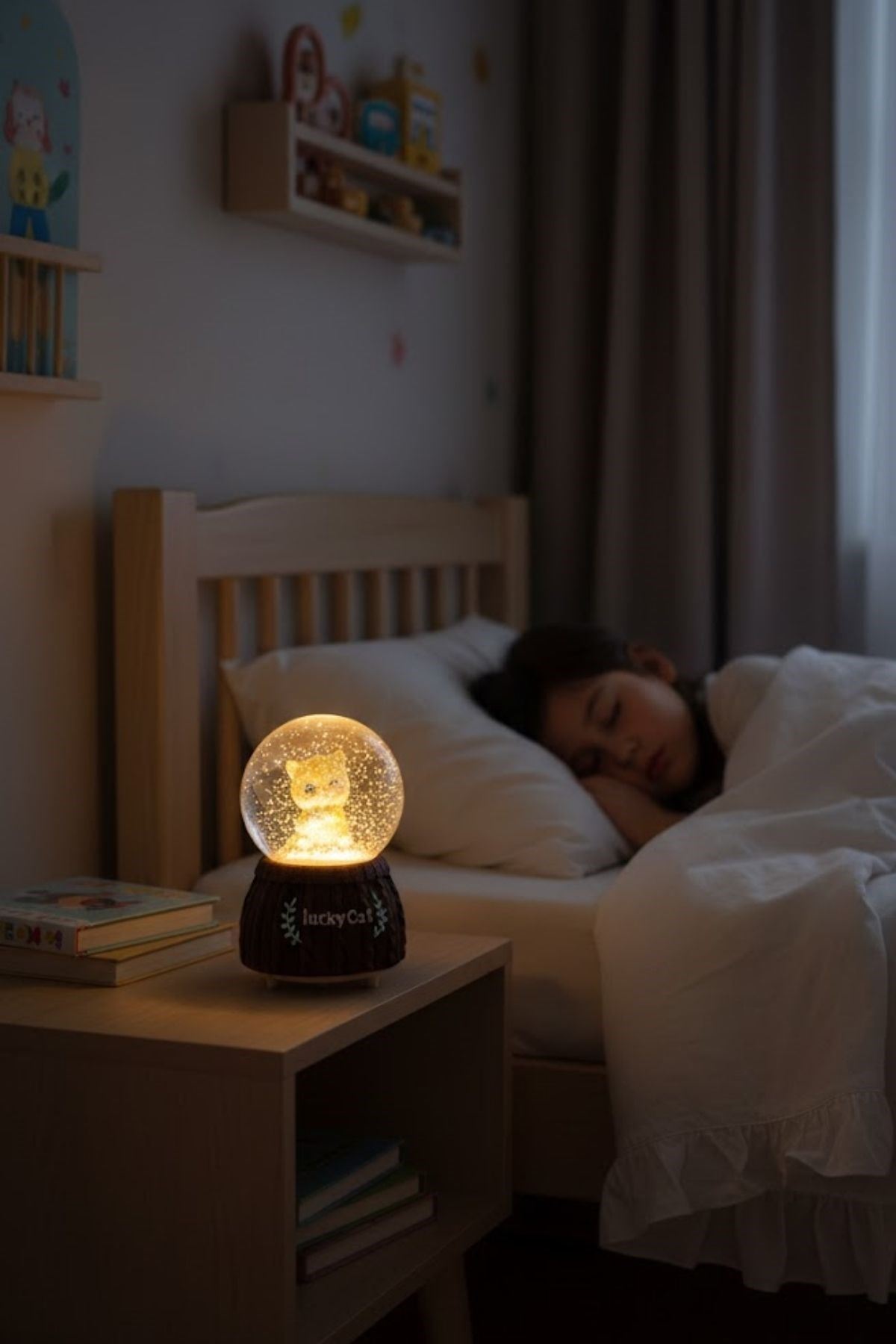 Pilli Işıklı Müzikli Kar Küresi–Şanslı Kedi Figürlü Eğlenceli Masaüstü Biblo, LED Aydınlatmalı Dekoratif Hediyelik Kar Küresi