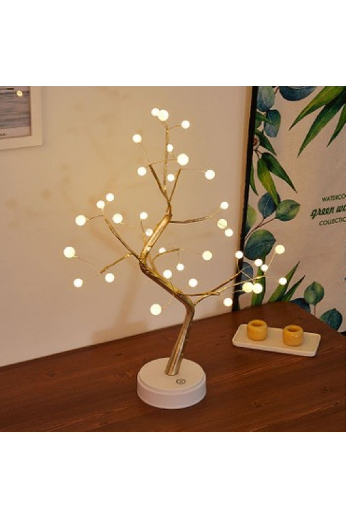 Masaüstü Boncuklu Şarjlı Ağaç Lamba – 3 Kademeli Dokunmatik Işık, Dekoratif LED Masaüstü Ortam Aydınlatması
