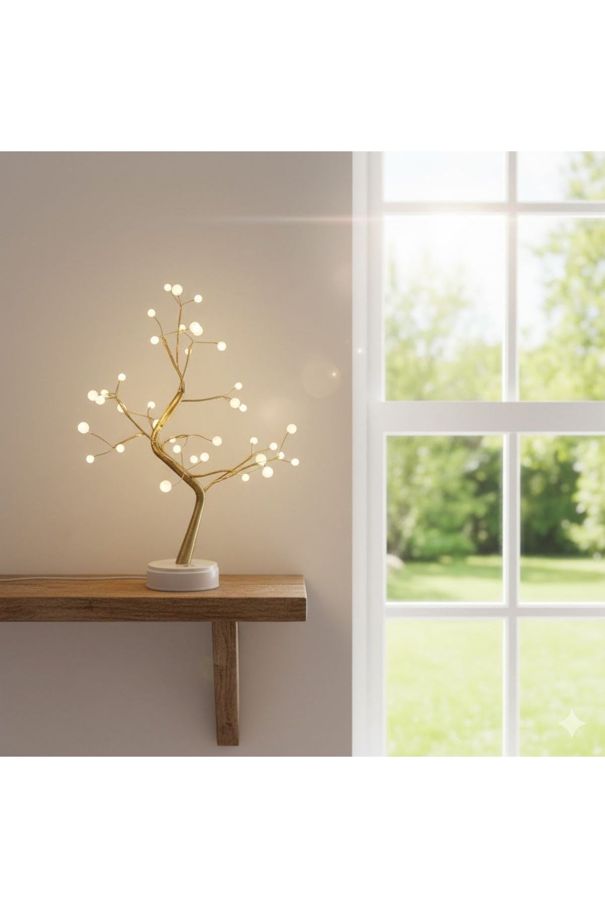 Masaüstü Boncuklu Şarjlı Ağaç Lamba – 3 Kademeli Dokunmatik Işık, Dekoratif LED Masaüstü Ortam Aydınlatması