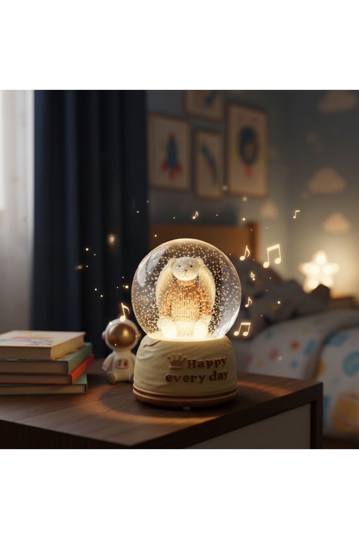 Pilli Işıklı Müzikli Kar Küresi–Sevimli Ayıcık Figürlü Eğlenceli Masaüstü Biblo, LED Aydınlatmalı Dekoratif Hediyelik Kar Küresi
