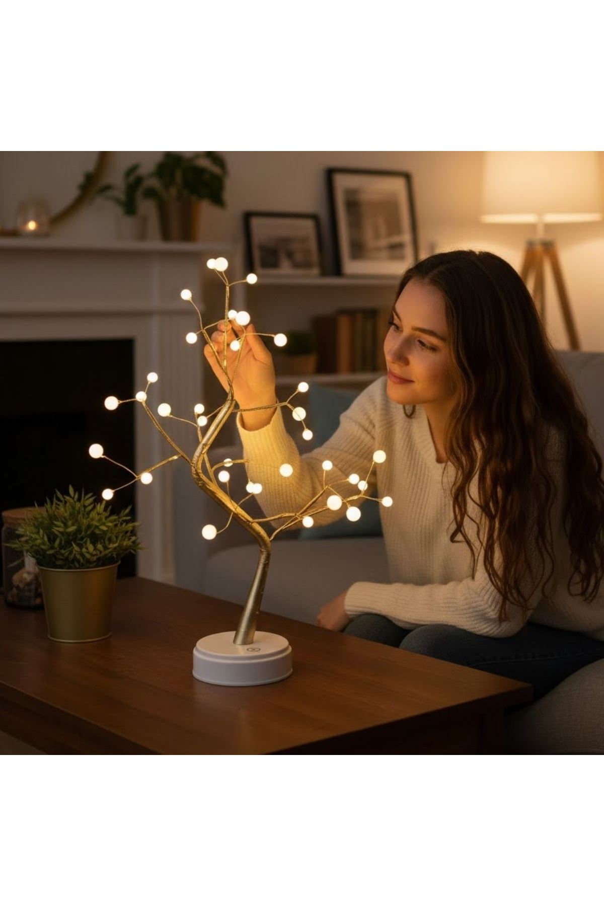 Masaüstü Boncuklu Şarjlı Ağaç Lamba – 3 Kademeli Dokunmatik Işık, Dekoratif LED Masaüstü Ortam Aydınlatması
