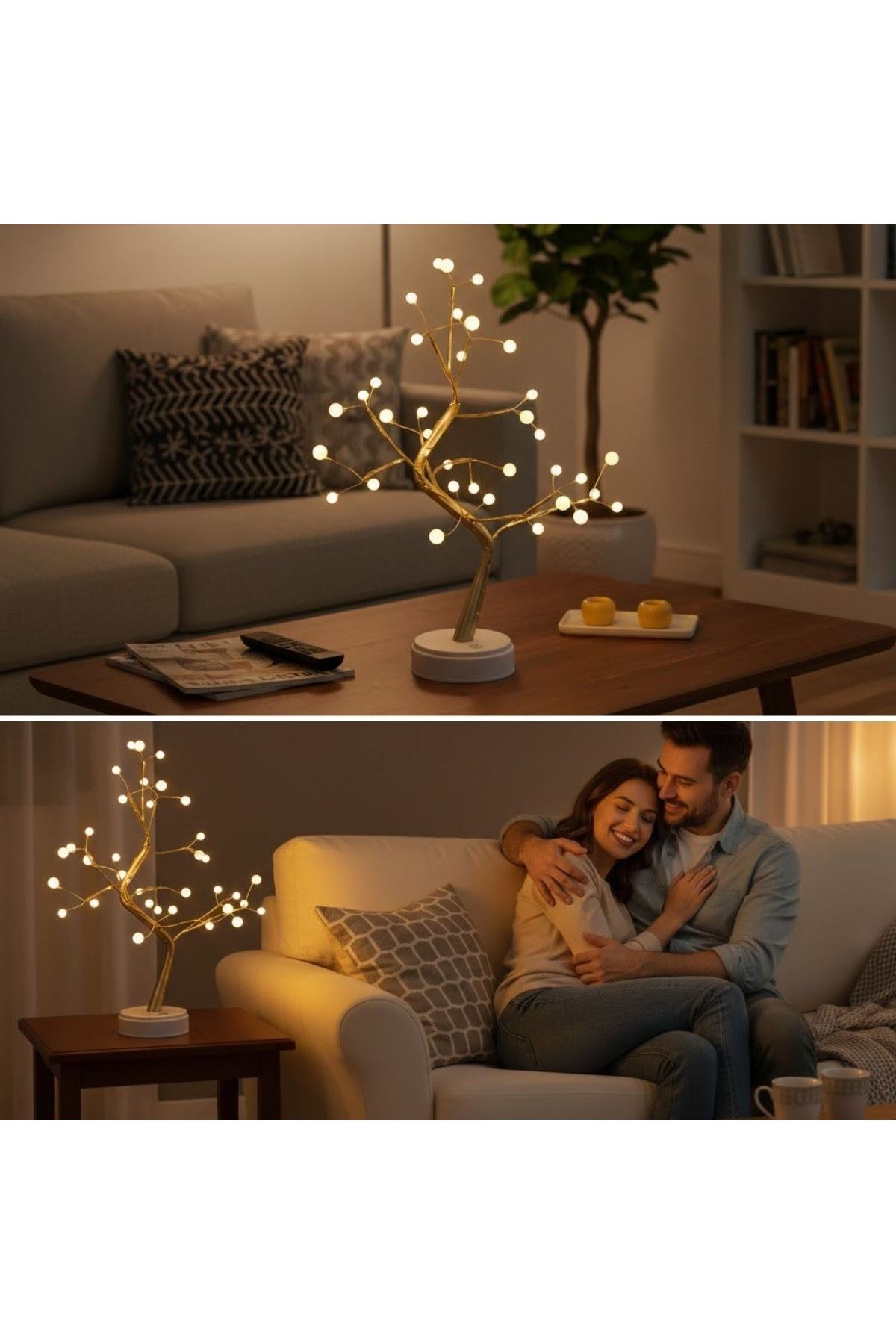 Masaüstü Boncuklu Şarjlı Ağaç Lamba – 3 Kademeli Dokunmatik Işık, Dekoratif LED Masaüstü Ortam Aydınlatması