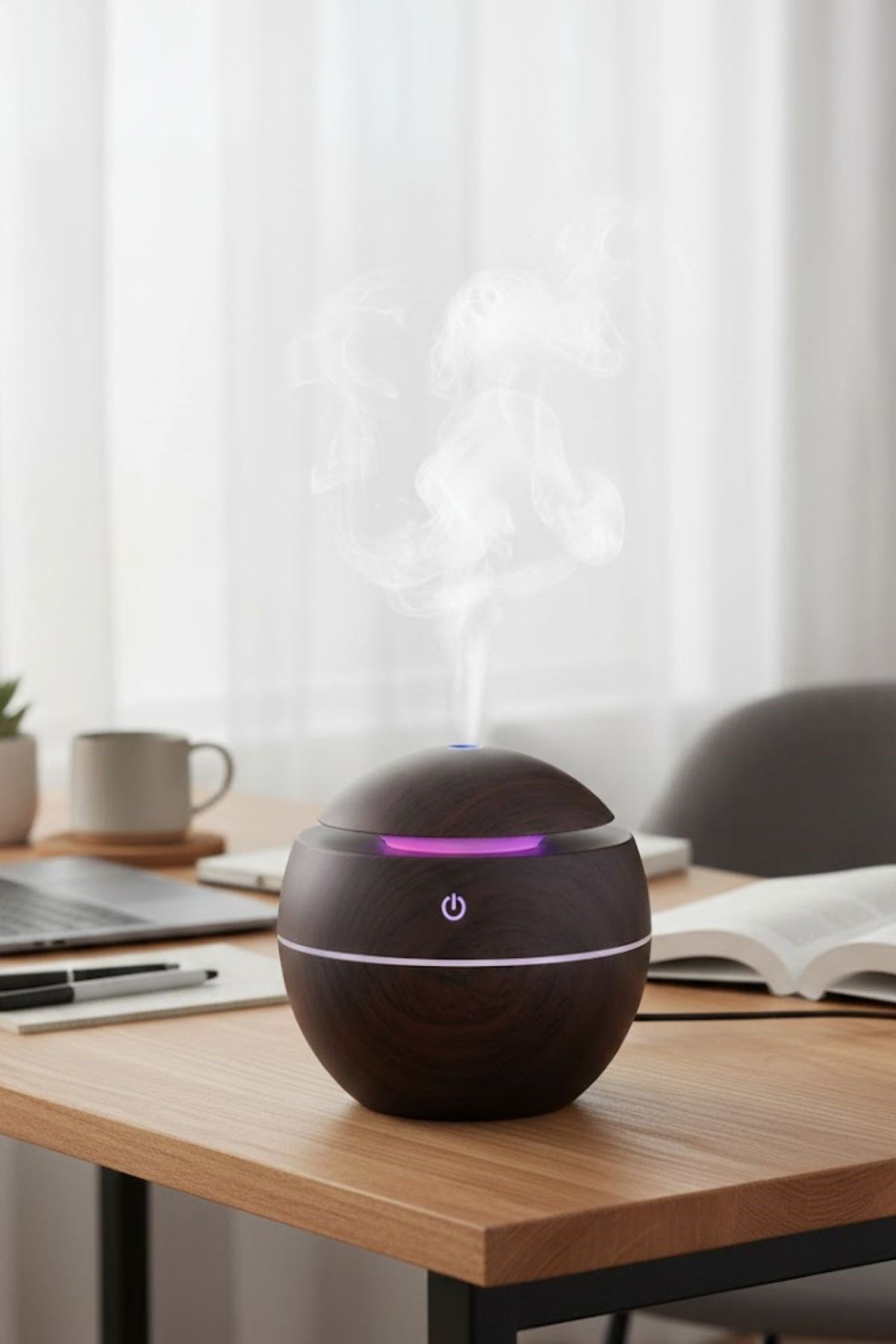 Küre Model Akasya Renk Hava Nemlendirici – Ultrasonik Soğuk Buhar Makinesi, LED Işıklı Masaüstü Oda Nemlendirici