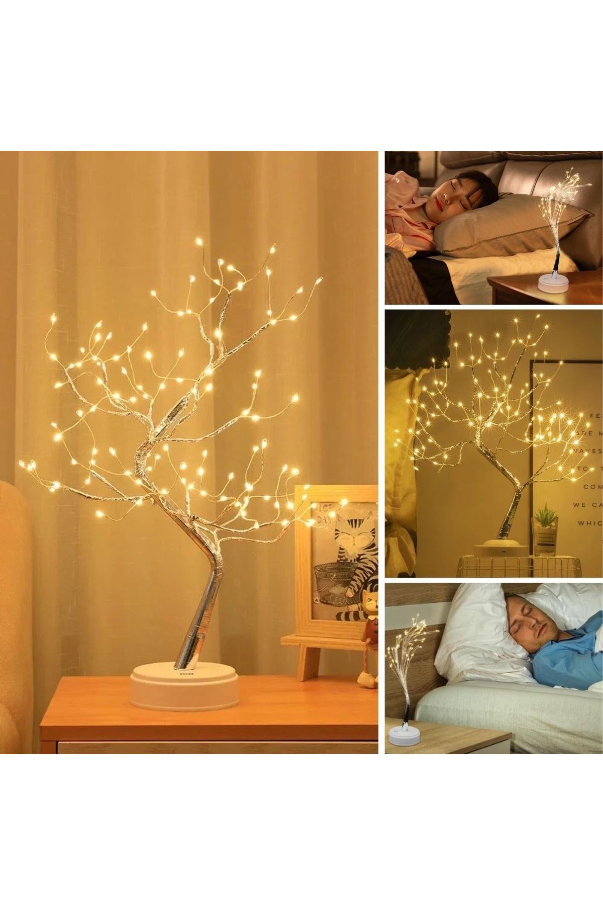 Masaüstü Peri Ağaç LED Lamba – Gün Işığı Rengi, 3 Kademeli Işık Ayarlı, Şarjlı Dekoratif Ortam Aydınlatması