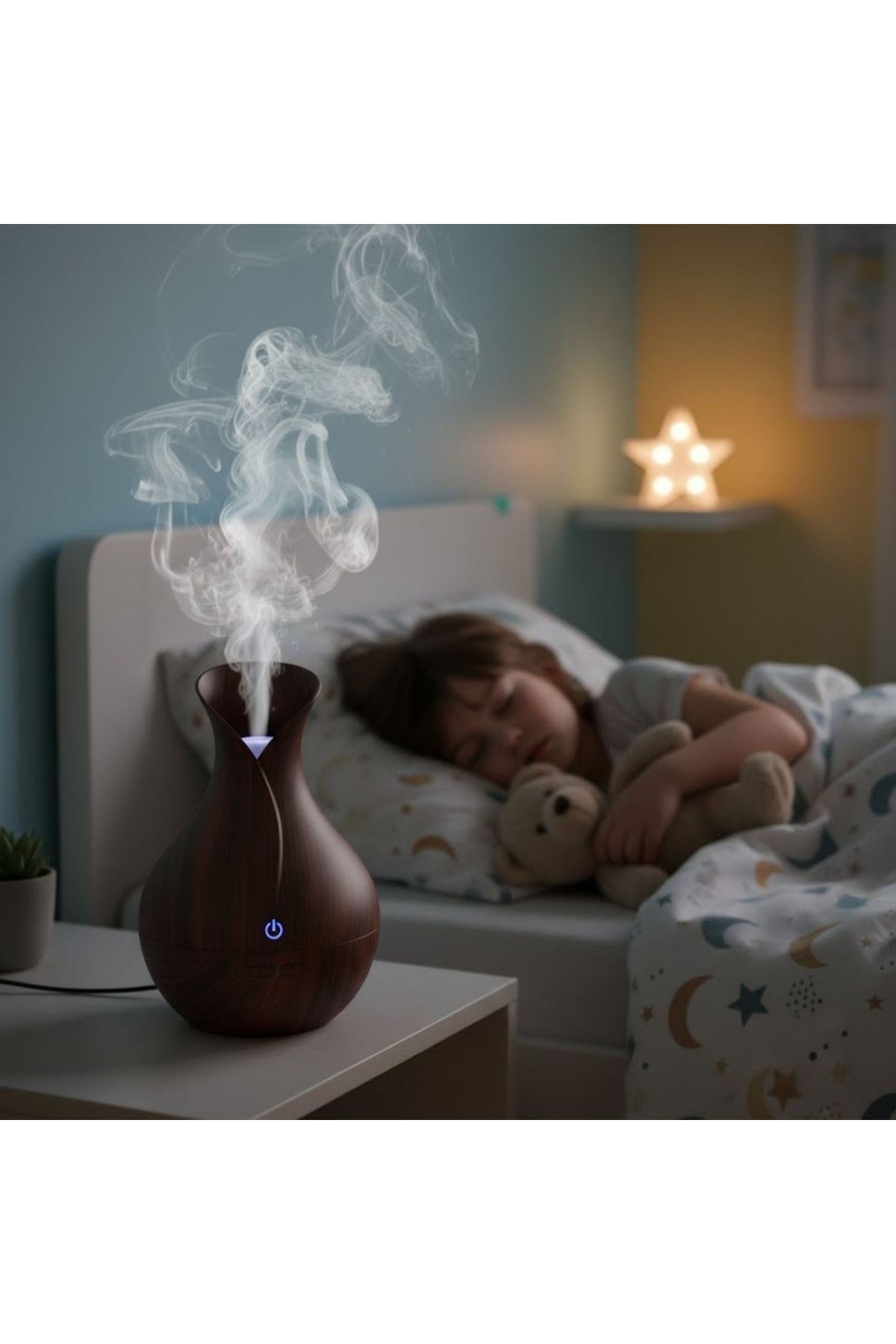 Damla Model Akasya Renk Hava Nemlendirici – Ultrasonik Soğuk Buhar Makinesi, LED Işıklı Masaüstü Oda Nemlendirici