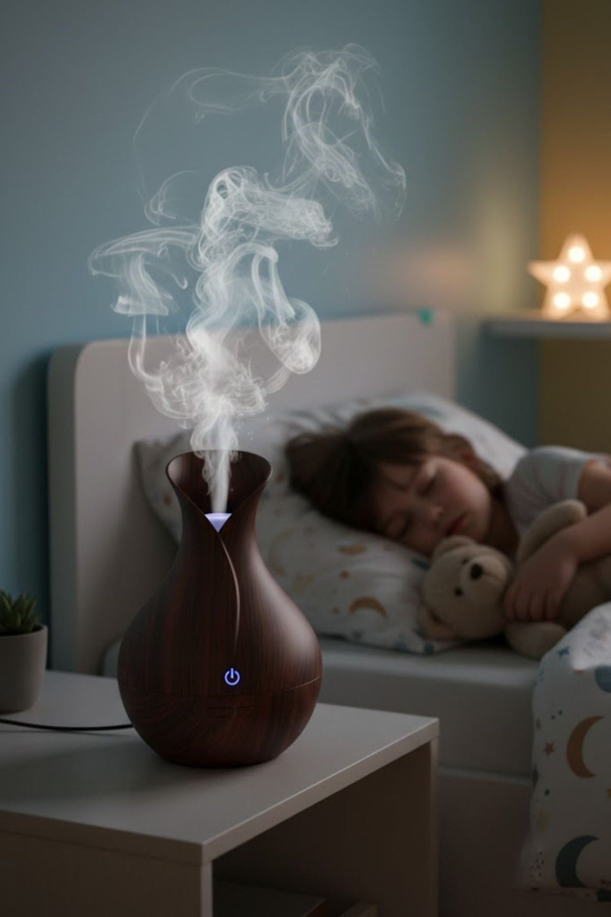 Damla Model Akasya Renk Hava Nemlendirici – Ultrasonik Soğuk Buhar Makinesi, LED Işıklı Masaüstü Oda Nemlendirici