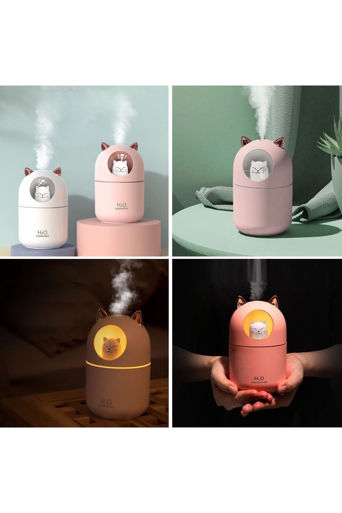 Kedicik Figürlü Hava Nemlendirici – Ultrasonik Soğuk Buhar Makinesi, LED Işıklı Masaüstü Oda Nemlendirici