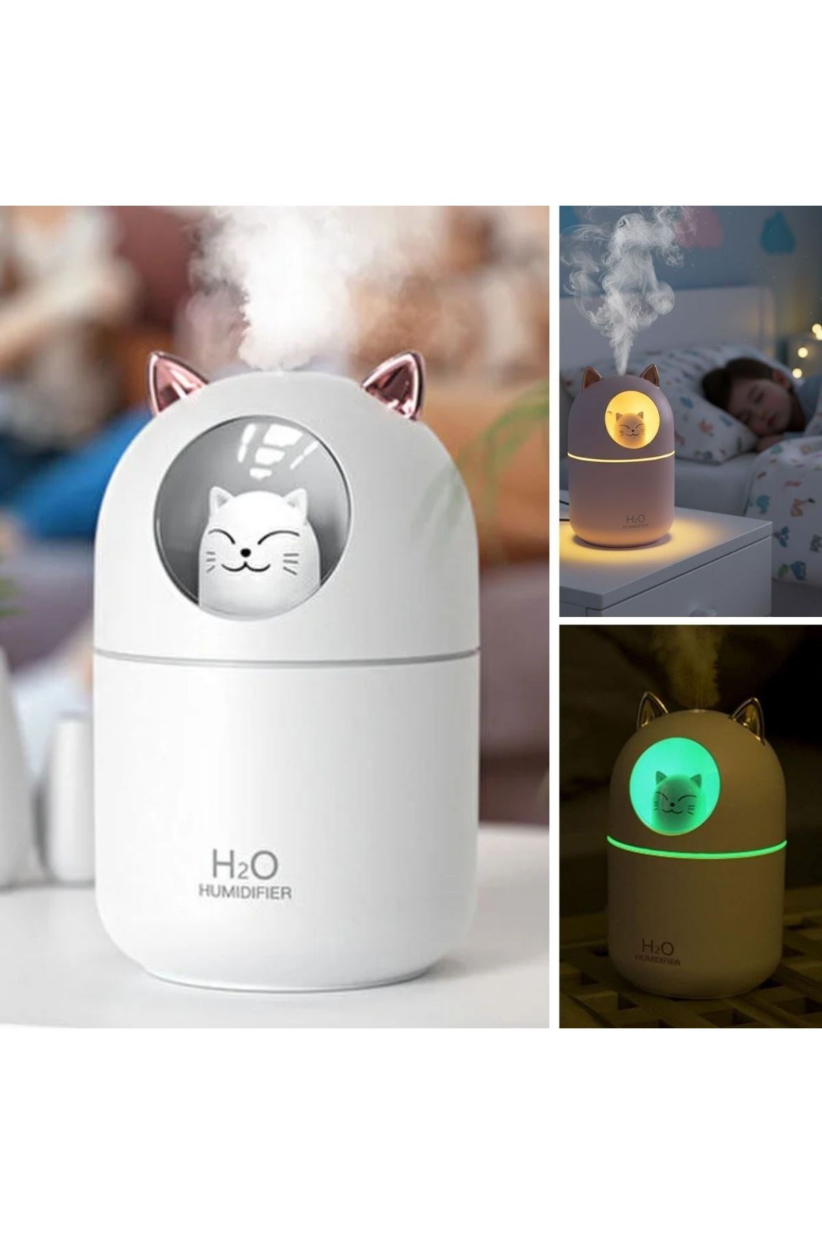 Kedicik Figürlü Hava Nemlendirici – Ultrasonik Soğuk Buhar Makinesi, LED Işıklı Masaüstü Oda Nemlendirici