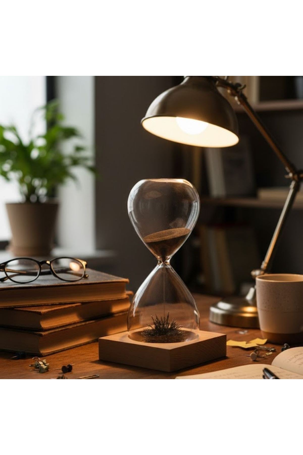 Mıknatıslı Cam Kum Saati – Dekoratif Metal Tabanlı, Manyetik Kum Akışlı Masaüstü Zaman Ölçer