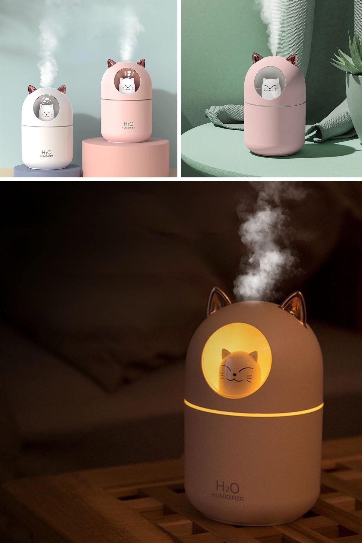 Kedicik Figürlü Hava Nemlendirici – Ultrasonik Soğuk Buhar Makinesi, LED Işıklı Masaüstü Oda Nemlendirici