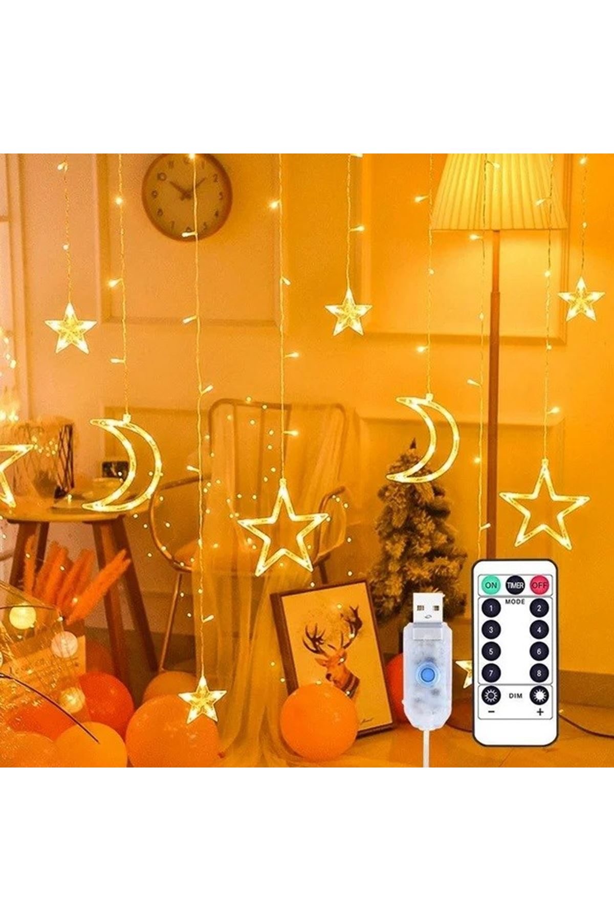 Ay ve Yıldız Figürlü Kumandalı 12 Sarkıtlı 120 LED Dekor Işık – Dekoratif Ortam ve Masaüstü Aydınlatması