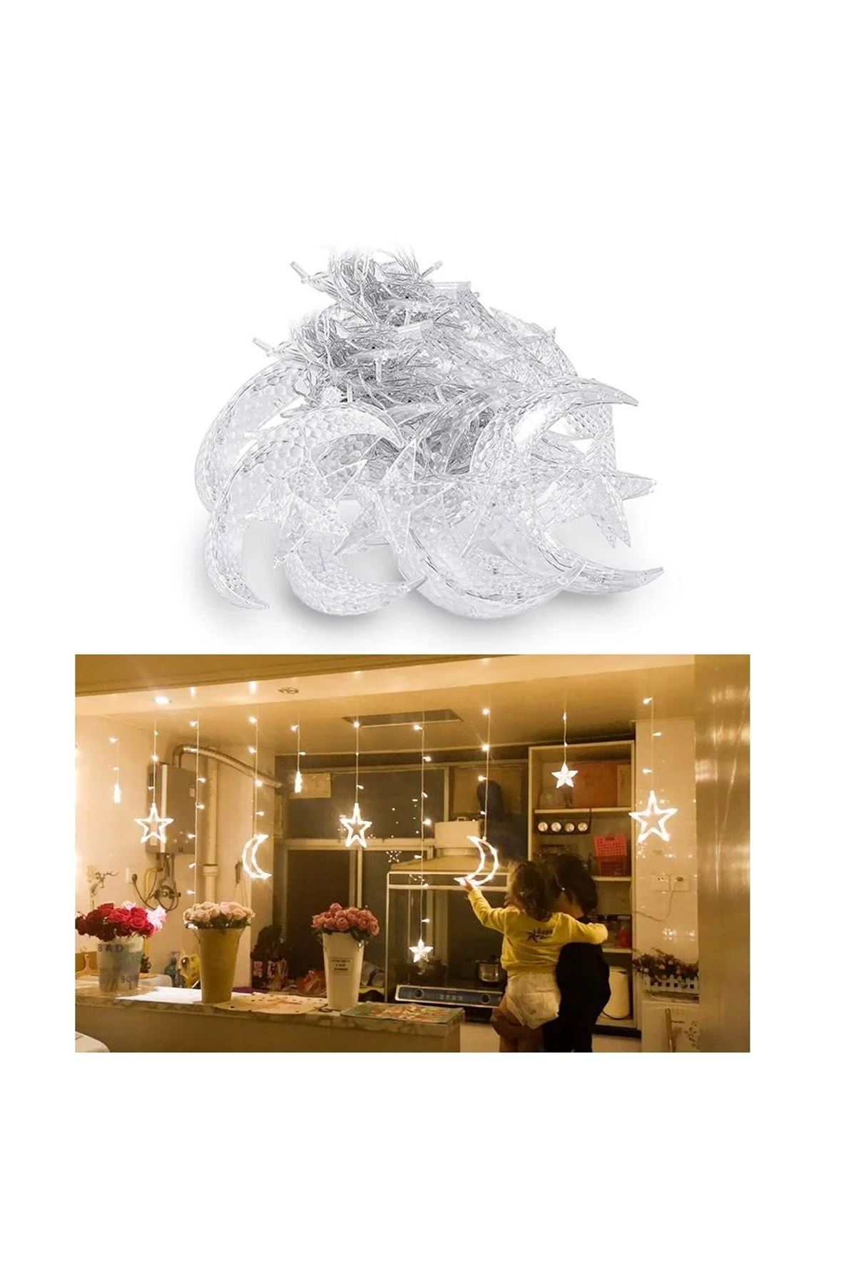 Ay ve Yıldız Figürlü Kumandalı 12 Sarkıtlı 120 LED Dekor Işık – Dekoratif Ortam ve Masaüstü Aydınlatması