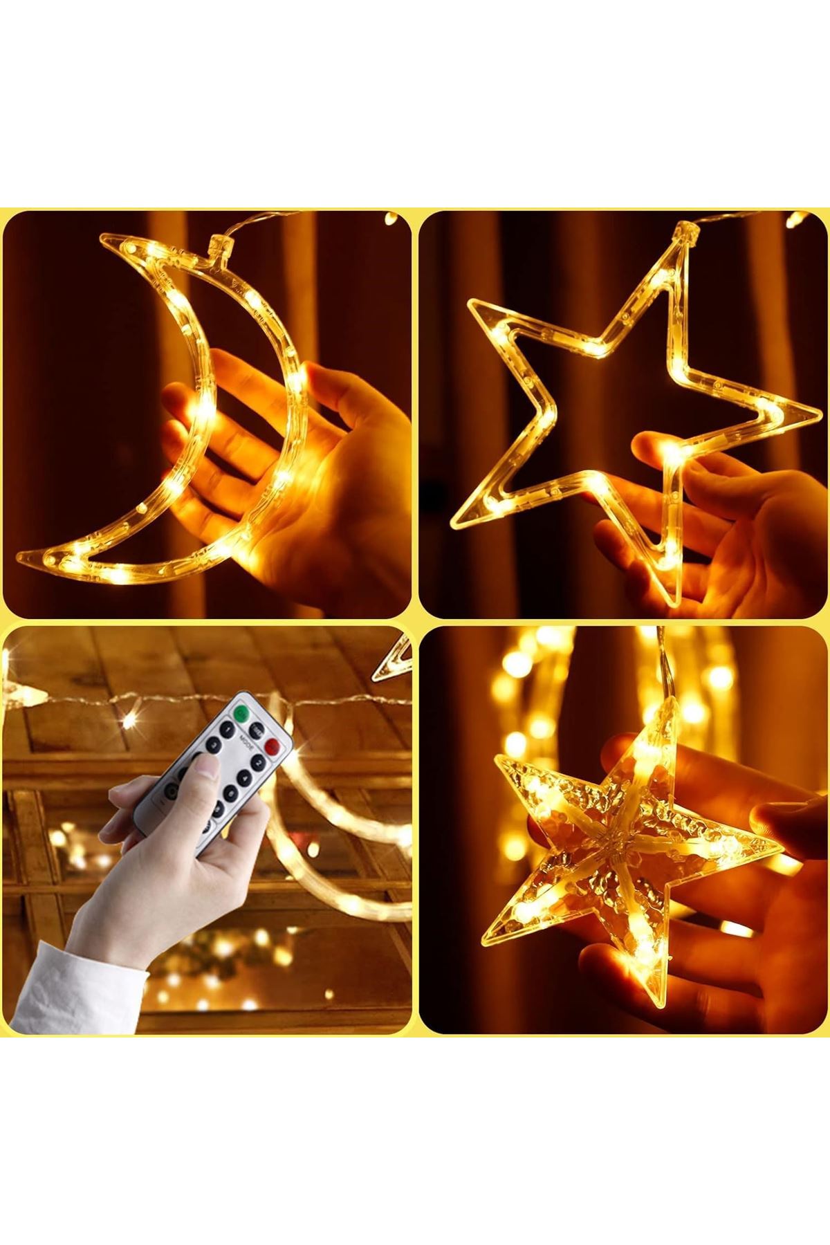 Ay ve Yıldız Figürlü Kumandalı 12 Sarkıtlı 120 LED Dekor Işık – Dekoratif Ortam ve Masaüstü Aydınlatması