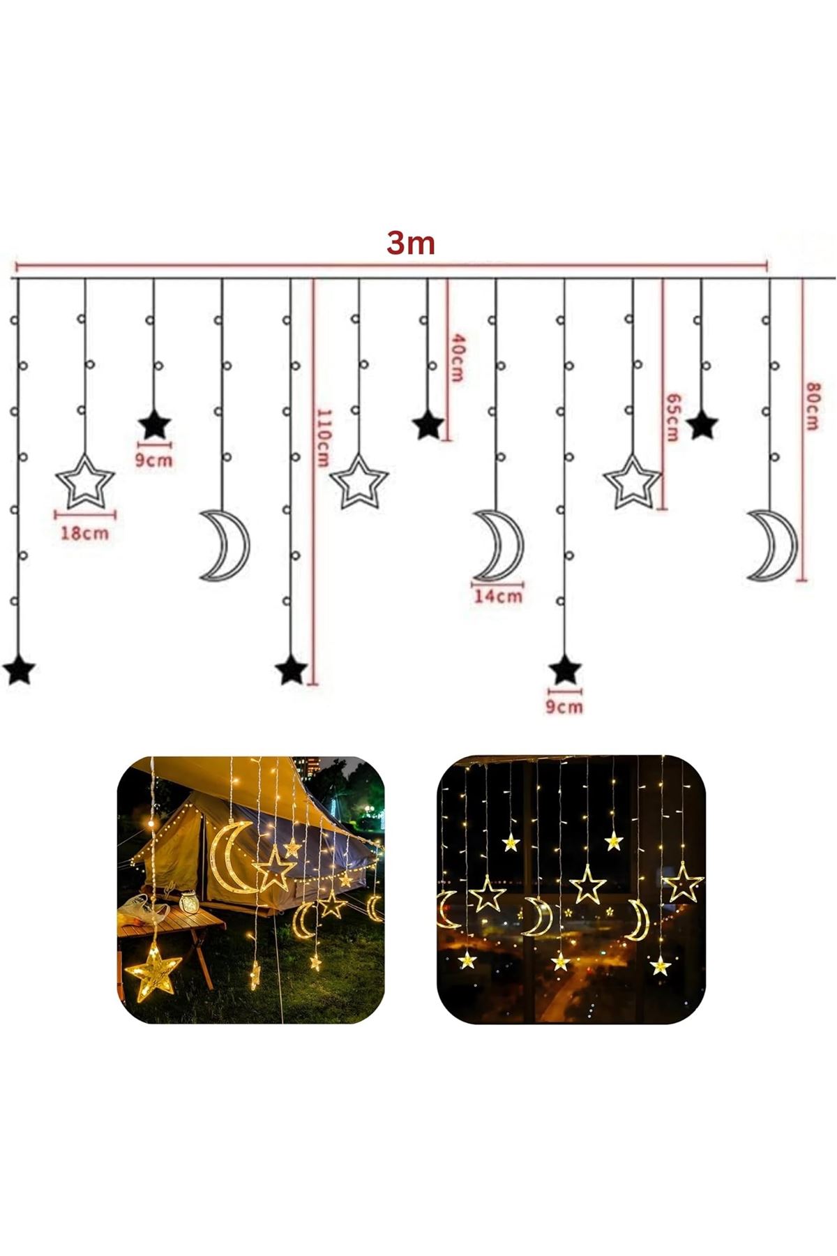 Ay ve Yıldız Figürlü Kumandalı 12 Sarkıtlı 120 LED Dekor Işık – Dekoratif Ortam ve Masaüstü Aydınlatması