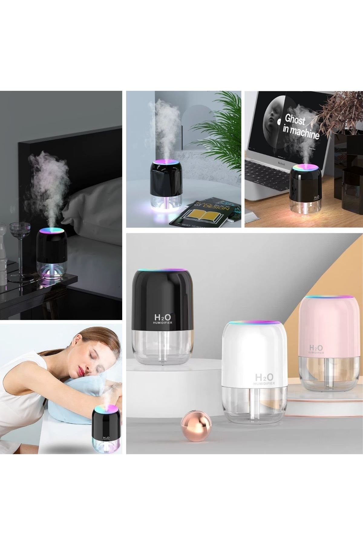 H2O Model Şeffaf Hazneli Hava Nemlendirici-Ultrasonik Soğuk Buhar Makinesi, LED Işıklı Masaüstü Oda Nemlendirici [TBL Dekor]