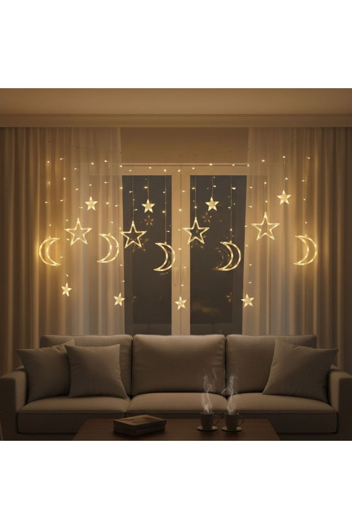 Ay ve Yıldız Figürlü Kumandalı 12 Sarkıtlı 120 LED Dekor Işık – Dekoratif Ortam ve Masaüstü Aydınlatması