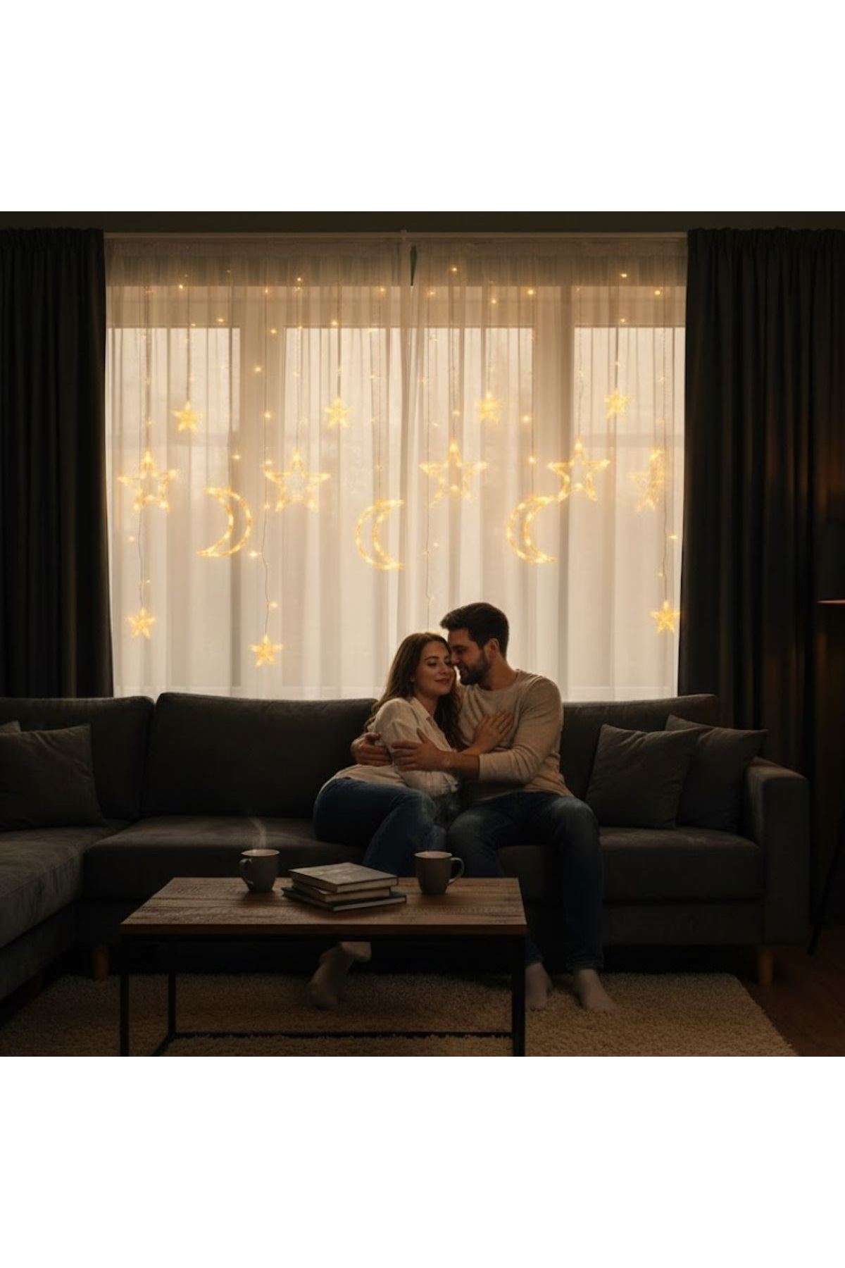 Ay ve Yıldız Figürlü Kumandalı 12 Sarkıtlı 120 LED Dekor Işık – Dekoratif Ortam ve Masaüstü Aydınlatması