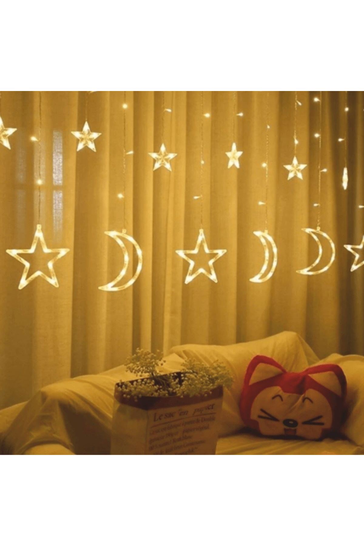 Ay ve Yıldız Figürlü Kumandalı 12 Sarkıtlı 120 LED Dekor Işık – Dekoratif Ortam ve Masaüstü Aydınlatması