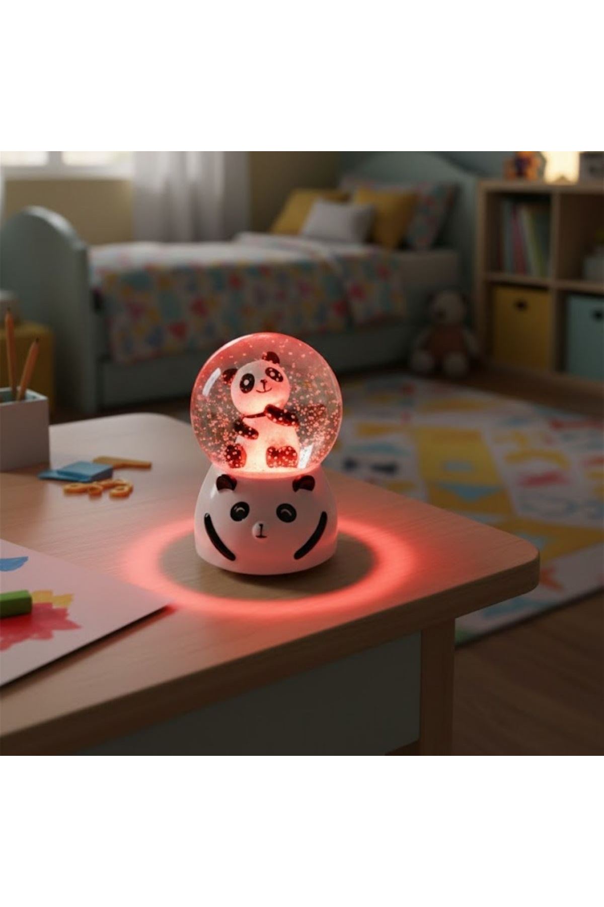 Pilli Işıklı Müzikli Kar Küresi–Sevimli Panda Figürlü Eğlenceli Masaüstü Biblo, LED Aydınlatmalı Dekoratif Hediyelik Kar Küresi