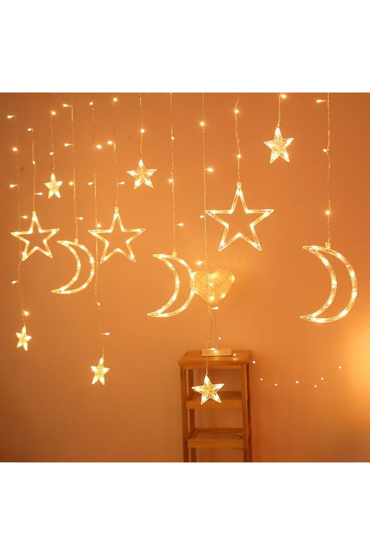 Ay ve Yıldız Figürlü Kumandalı 12 Sarkıtlı 120 LED Dekor Işık – Dekoratif Ortam ve Masaüstü Aydınlatması