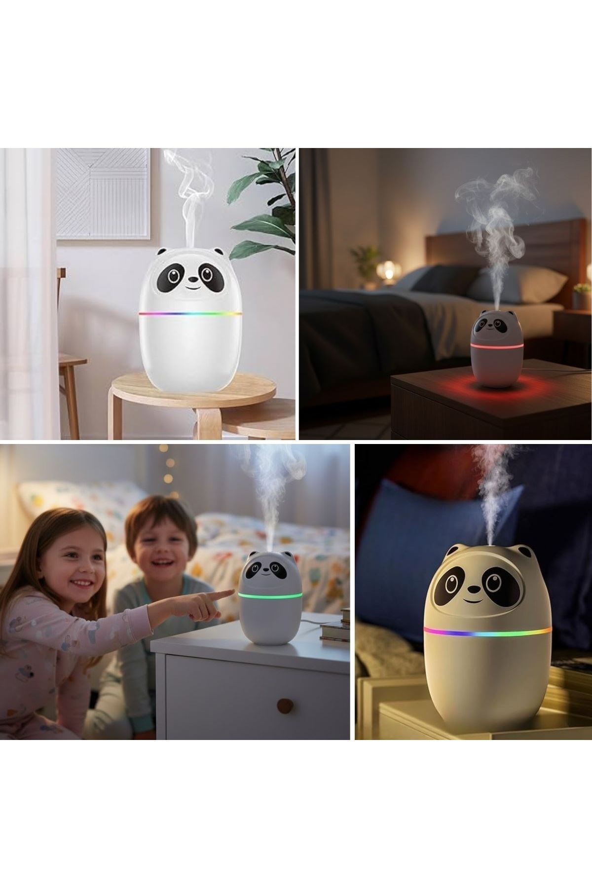 Sevimli Panda Figürlü Hava Nemlendirici – Ultrasonik Soğuk Buhar Makinesi, LED Işıklı Masaüstü Oda Nemlendirici