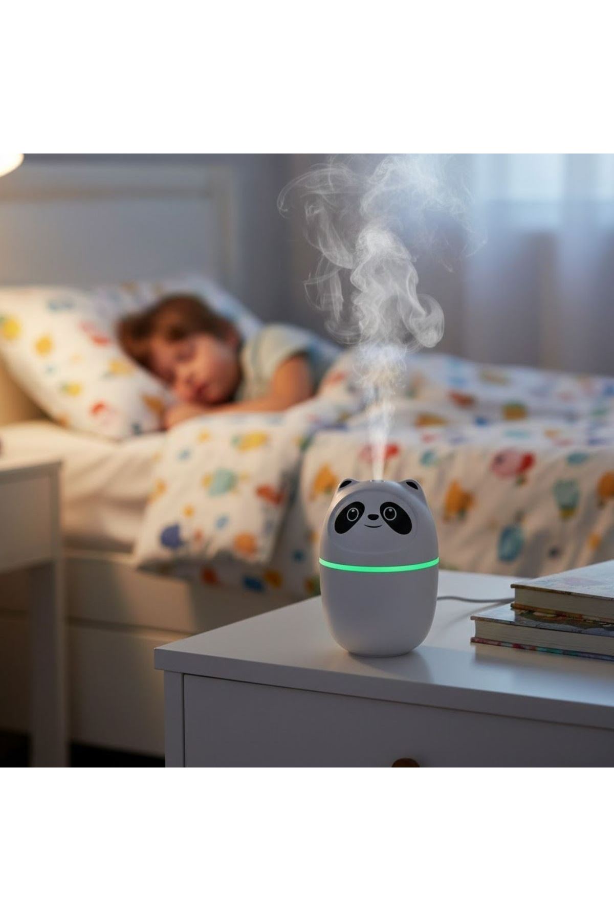 Sevimli Panda Figürlü Hava Nemlendirici – Ultrasonik Soğuk Buhar Makinesi, LED Işıklı Masaüstü Oda Nemlendirici