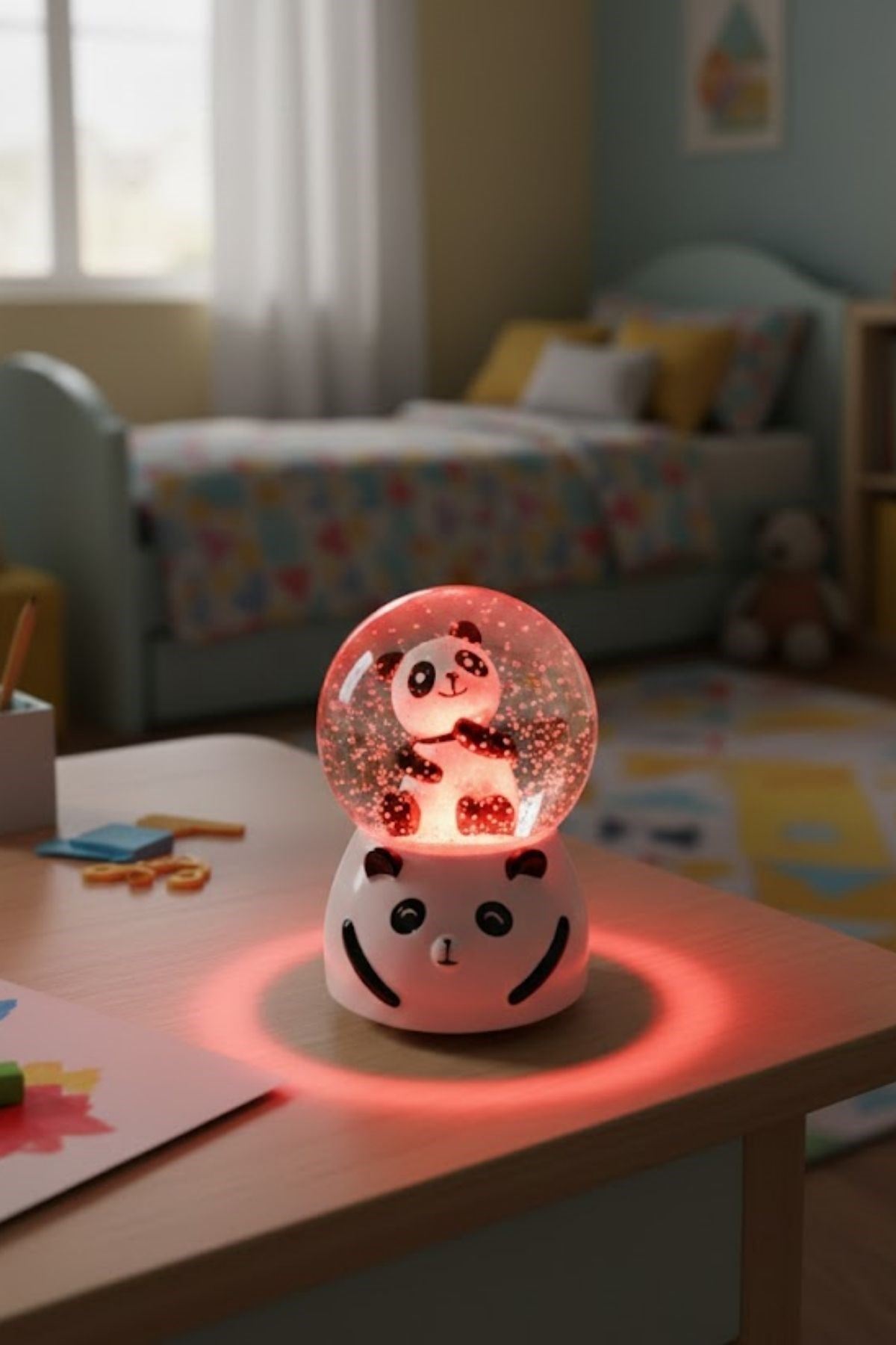 Pilli Işıklı Müzikli Kar Küresi–Sevimli Panda Figürlü Eğlenceli Masaüstü Biblo, LED Aydınlatmalı Dekoratif Hediyelik Kar Küresi