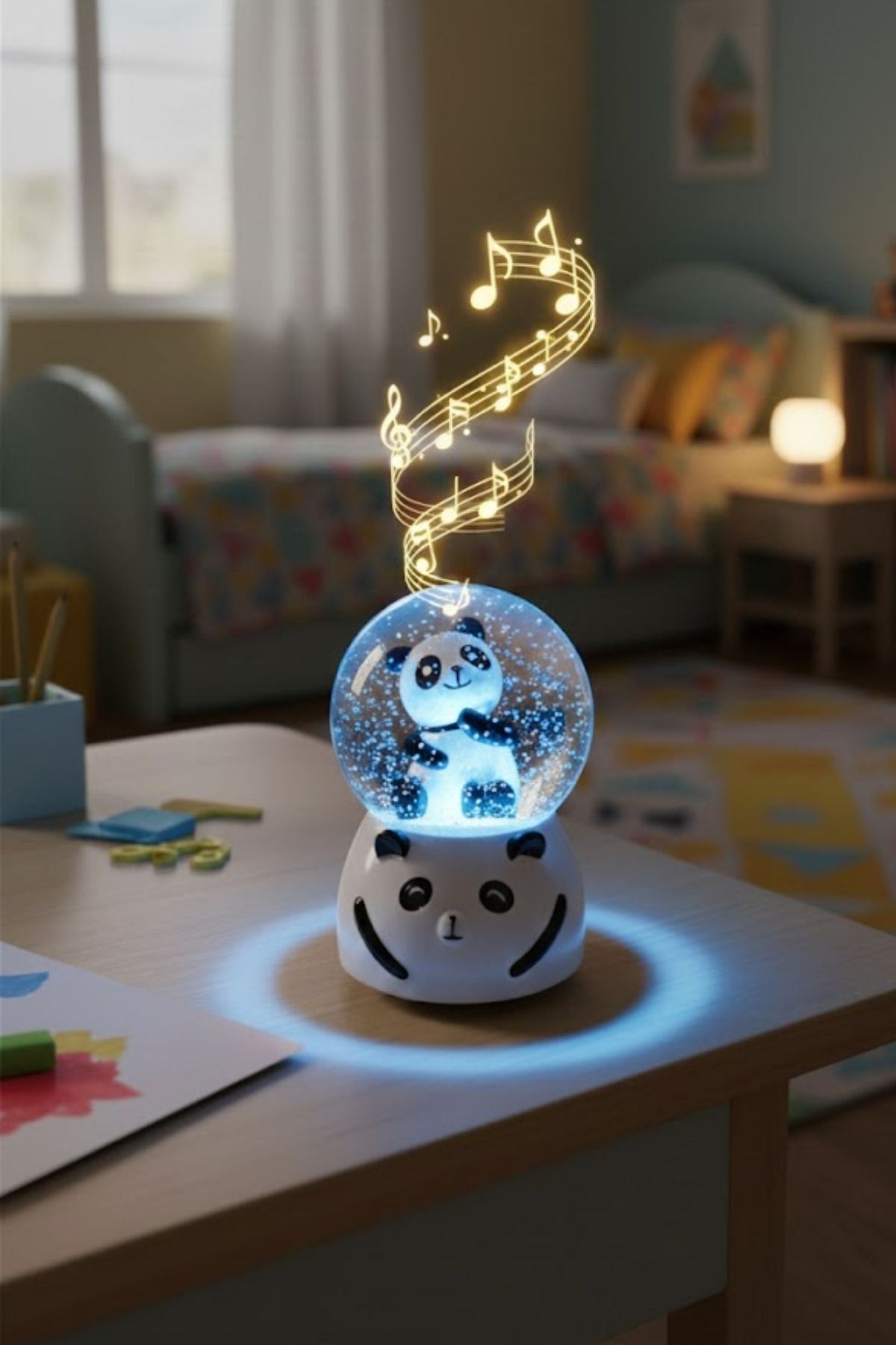 Pilli Işıklı Müzikli Kar Küresi–Sevimli Panda Figürlü Eğlenceli Masaüstü Biblo, LED Aydınlatmalı Dekoratif Hediyelik Kar Küresi