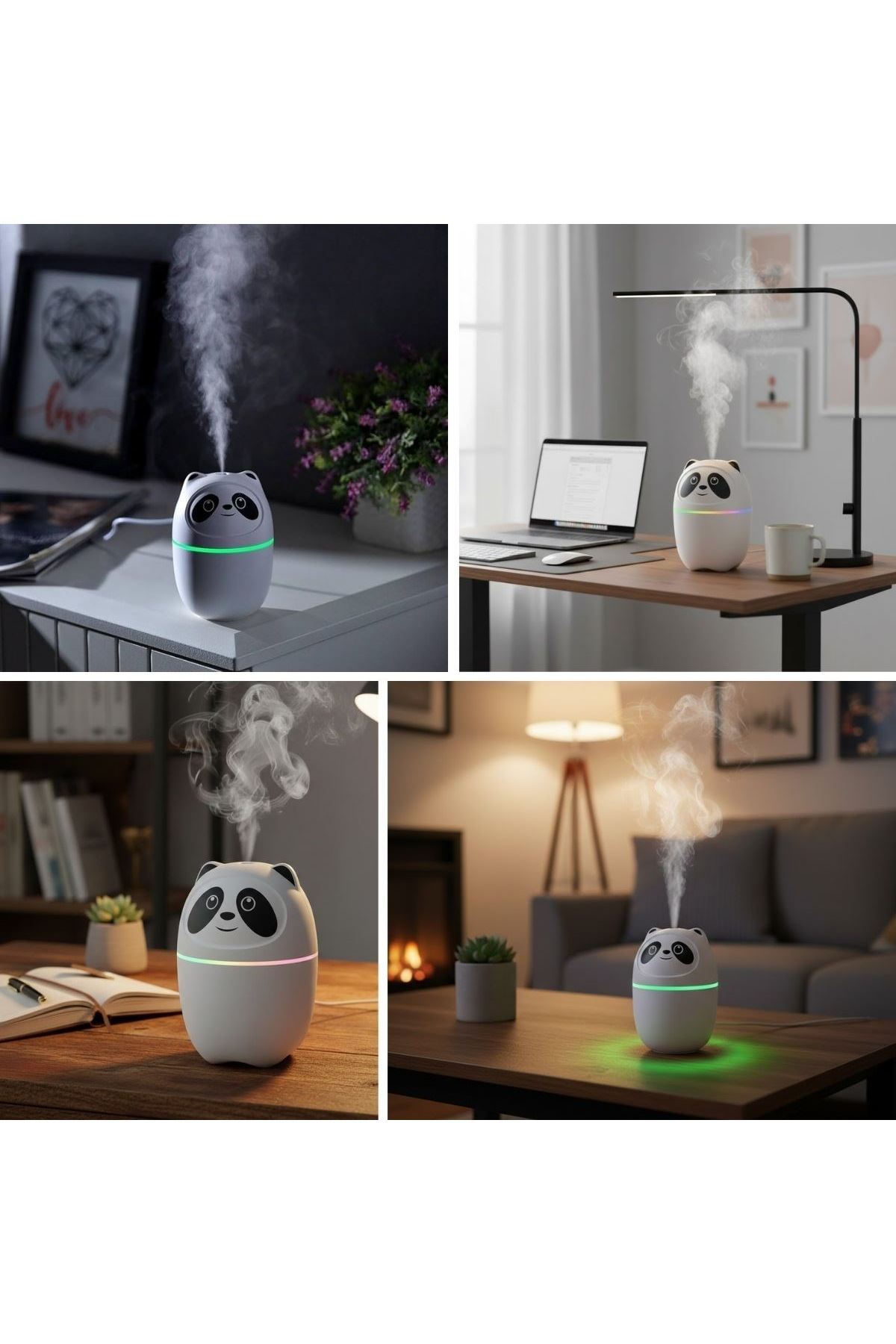 Sevimli Panda Figürlü Hava Nemlendirici – Ultrasonik Soğuk Buhar Makinesi, LED Işıklı Masaüstü Oda Nemlendirici
