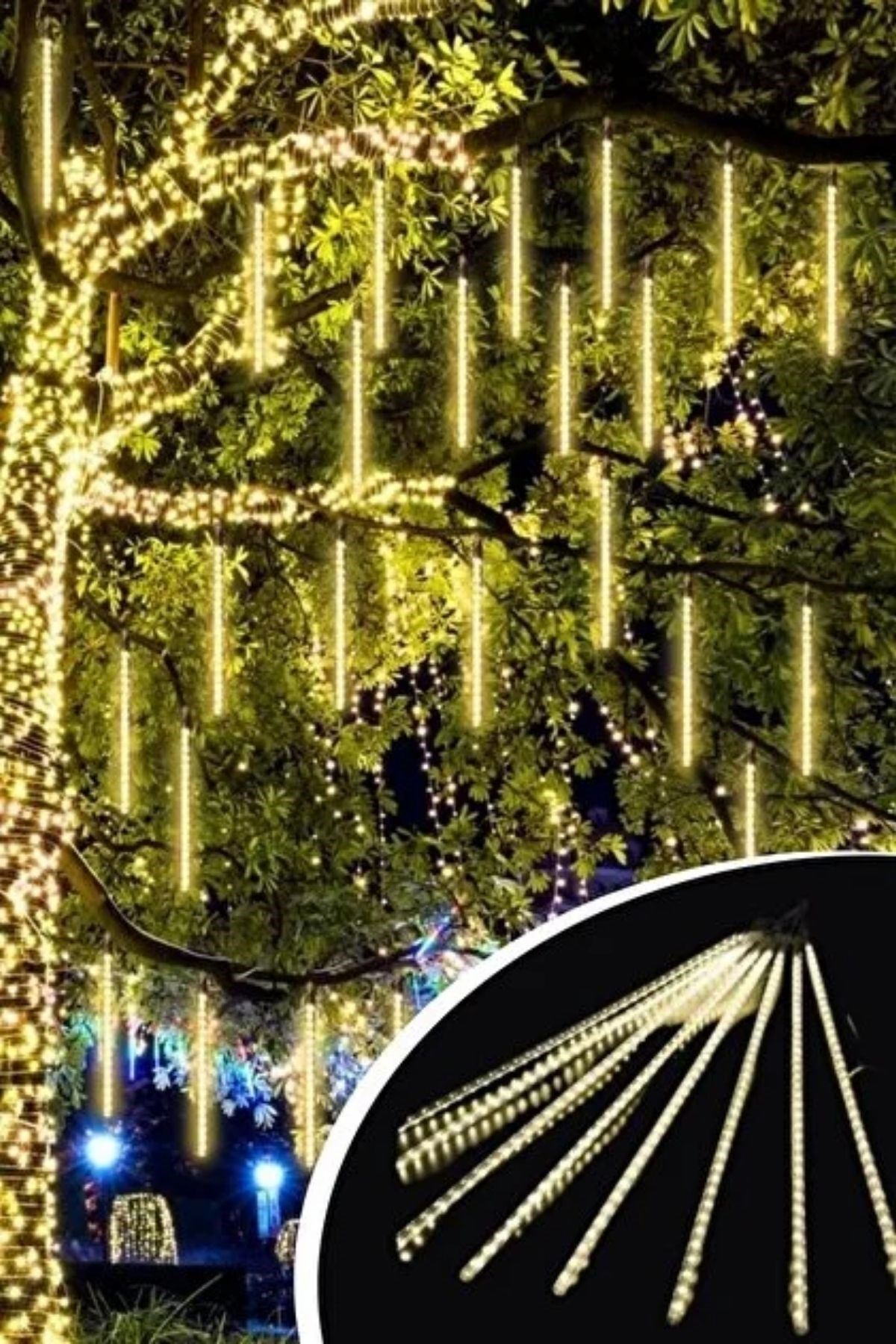 10'lu 45 cm Plastik Meteor LED USB 2M Kablo Sarı Renk Ağaç Işığı – Renk Değiştiren Asmalı Dekoratif Bahçe ve Dış Mekan Aydınlatması