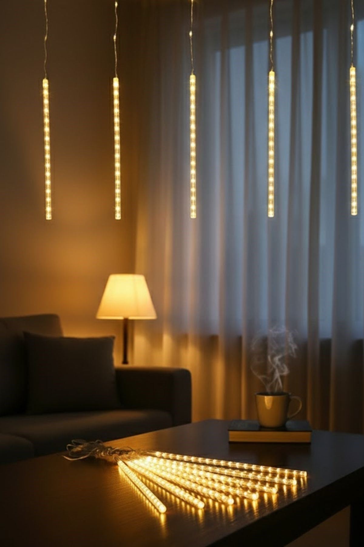 10'lu 45 cm Plastik Meteor LED USB 2M Kablo Sarı Renk Ağaç Işığı – Renk Değiştiren Asmalı Dekoratif Bahçe ve Dış Mekan Aydınlatması