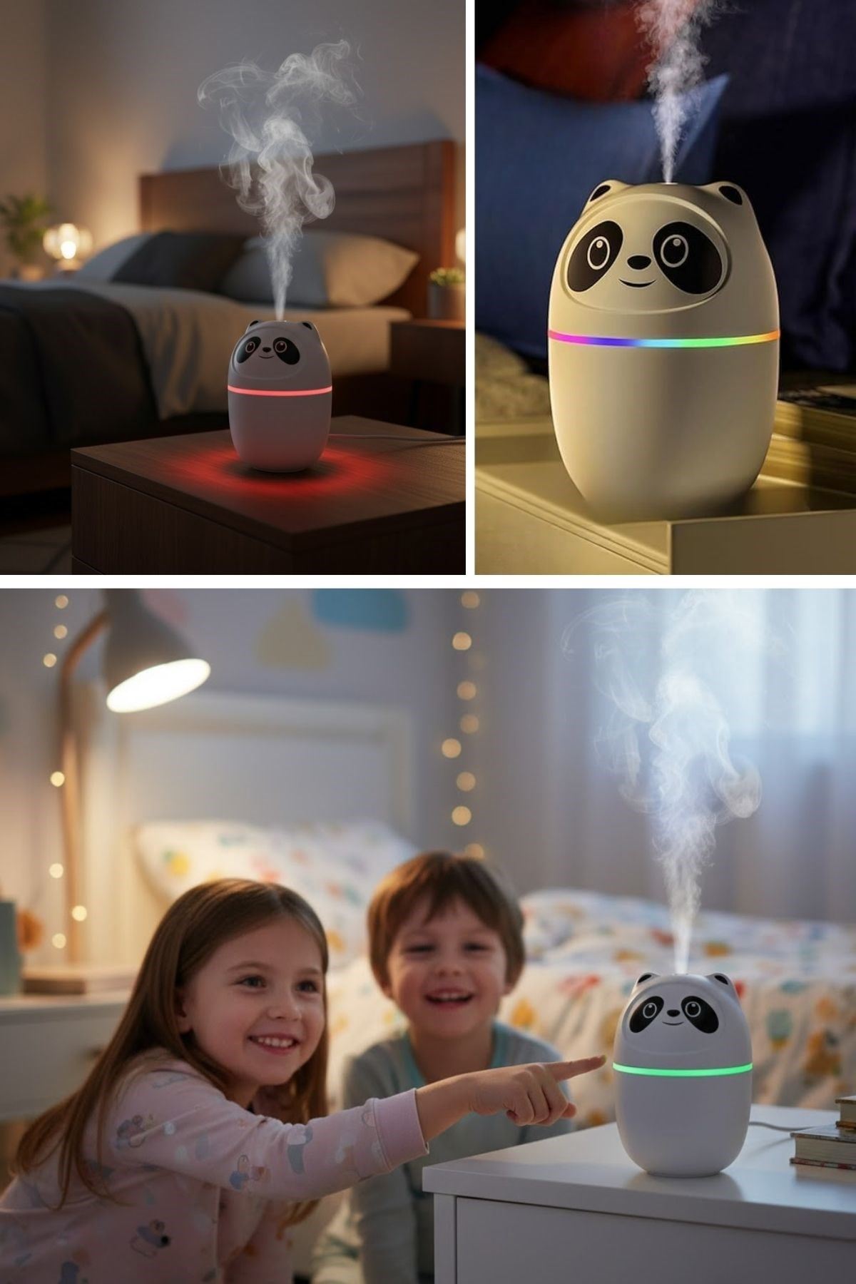 Sevimli Panda Figürlü Hava Nemlendirici – Ultrasonik Soğuk Buhar Makinesi, LED Işıklı Masaüstü Oda Nemlendirici
