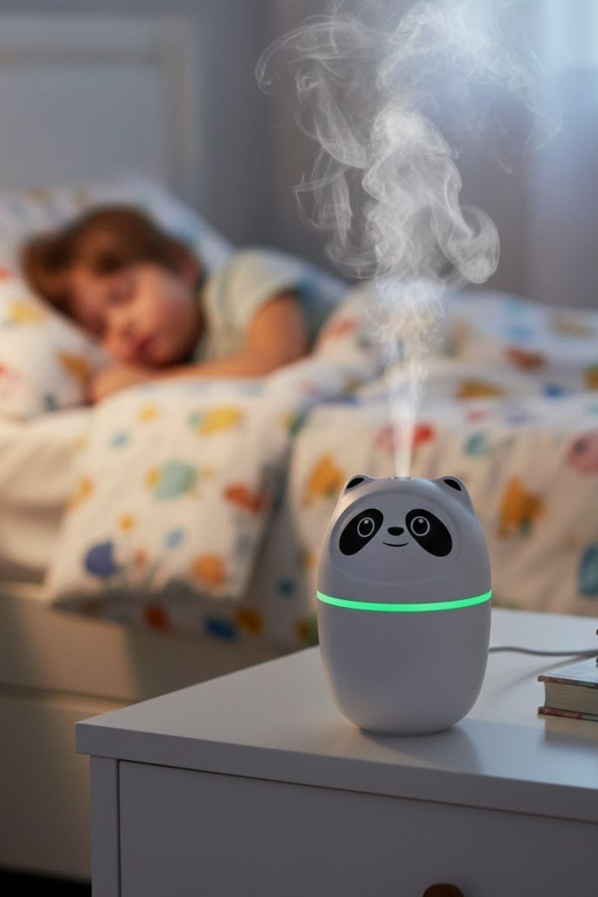 Sevimli Panda Figürlü Hava Nemlendirici – Ultrasonik Soğuk Buhar Makinesi, LED Işıklı Masaüstü Oda Nemlendirici