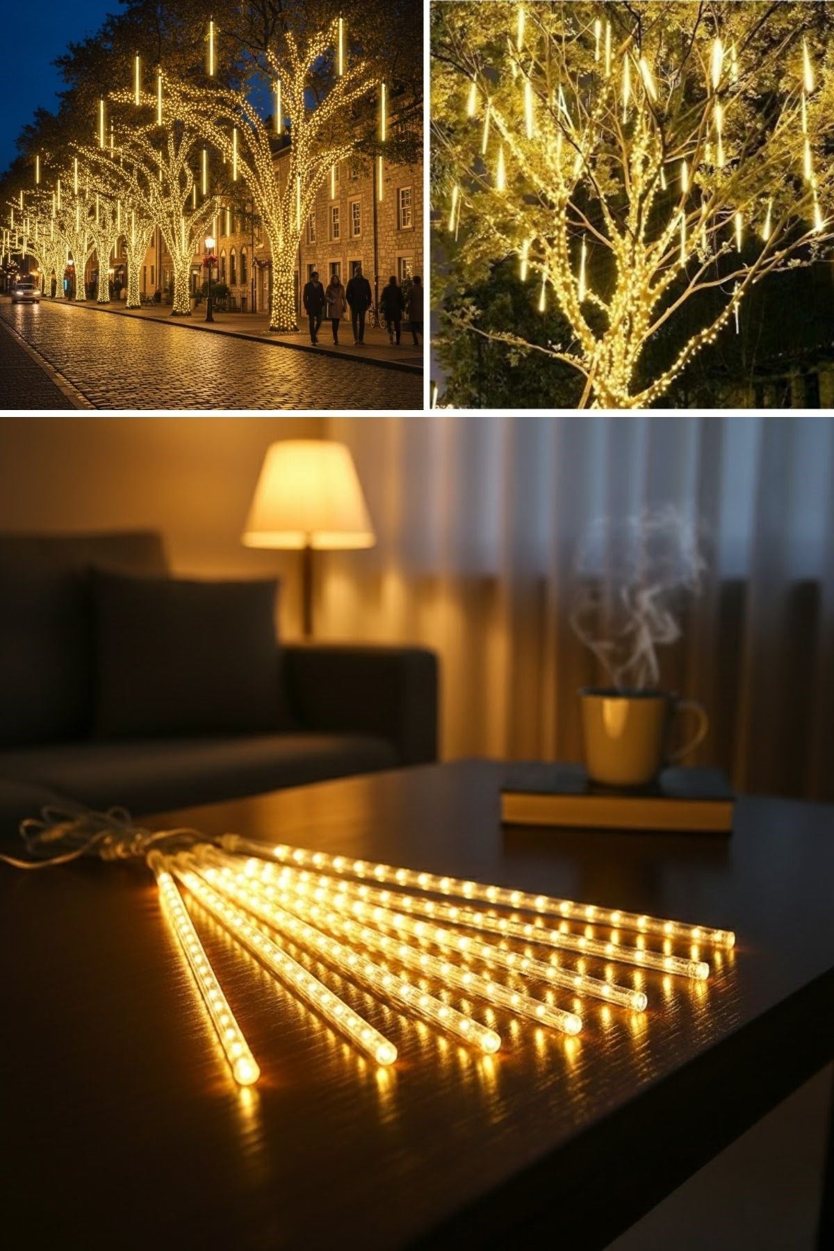 10'lu 45 cm Plastik Meteor LED USB 2M Kablo Sarı Renk Ağaç Işığı – Renk Değiştiren Asmalı Dekoratif Bahçe ve Dış Mekan Aydınlatması