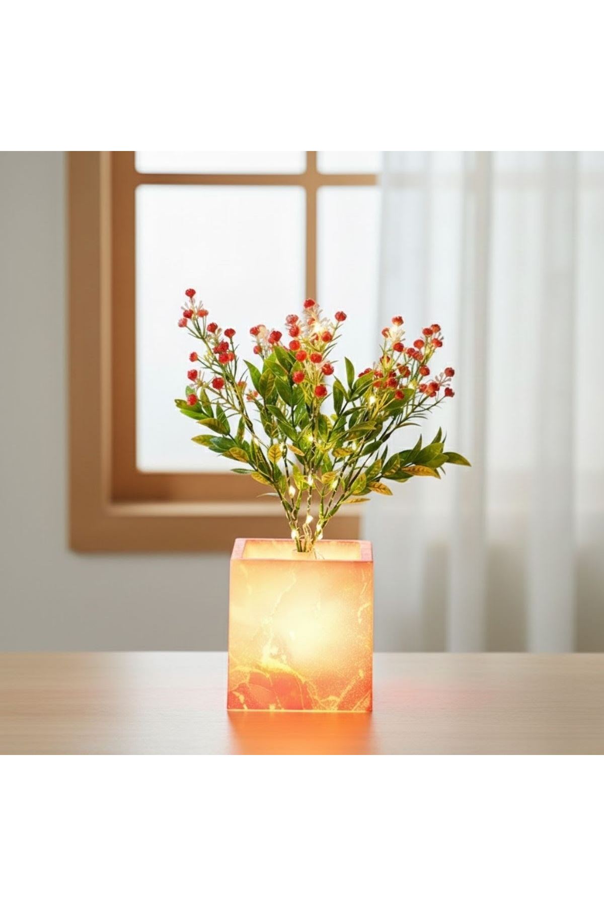 Işıklı Yapay Çiçek – Pembe Saksılı LED Dekoratif Bitki, Masaüstü ve Ev Ofis Aydınlatmalı Süs Bitkisi